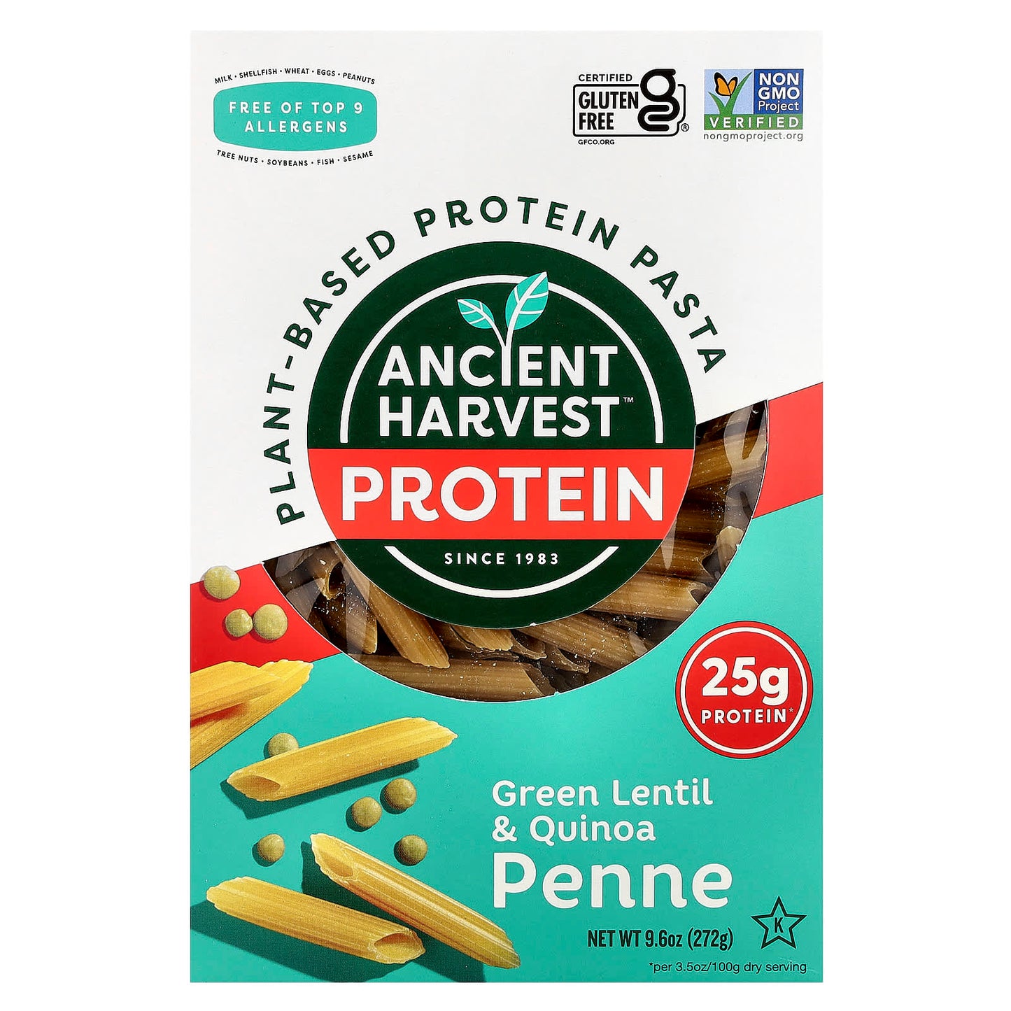 Ancient Harvest, Plant-Based Protein Pasta, Green Lentil & Quinoa Penne, 9.6 oz (272 g)