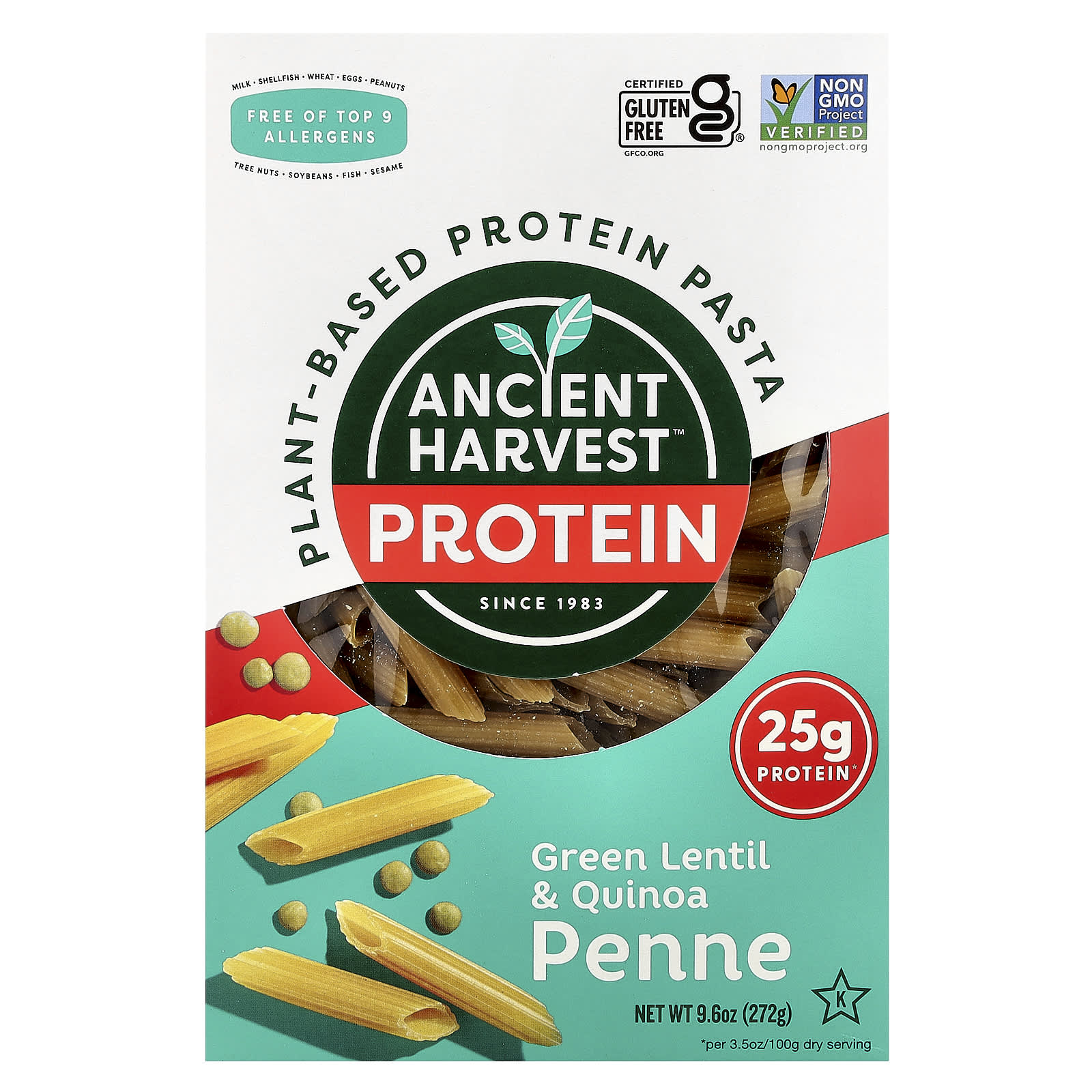 Ancient Harvest, Plant-Based Protein Pasta, Green Lentil & Quinoa Penne, 9.6 oz (272 g)