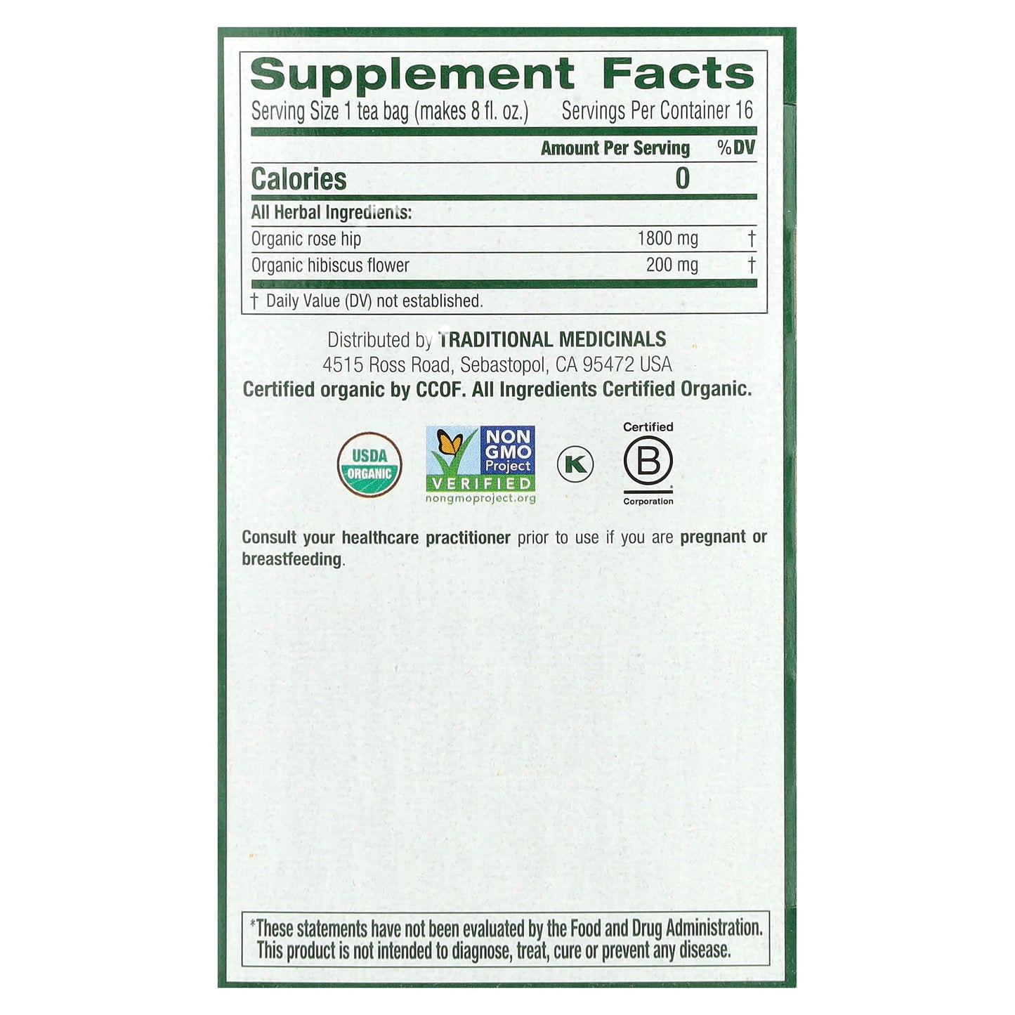 Traditional Medicinals, Organic Rose Hips & Hibiscus, Caffeine Free, 16 Wrapped Tea Bags, 1.13 oz (32 g) - Image 2