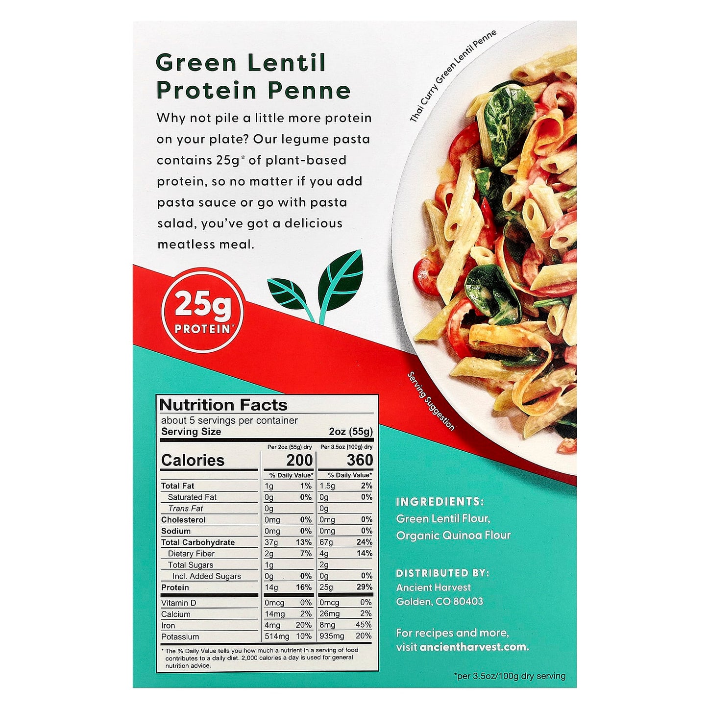 Ancient Harvest, Plant-Based Protein Pasta, Green Lentil & Quinoa Penne, 9.6 oz (272 g)