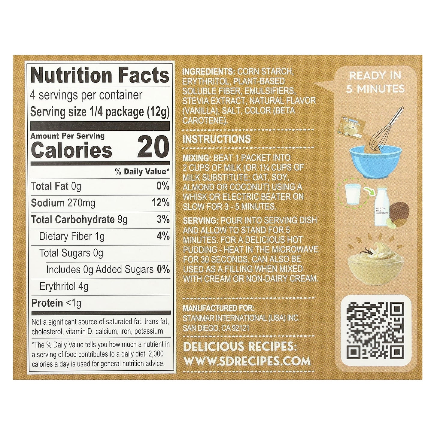 Natural Simply Delish, Plant-Based Instant Pudding, Sugar Free, Vanilla, 1.7 oz (48 g)