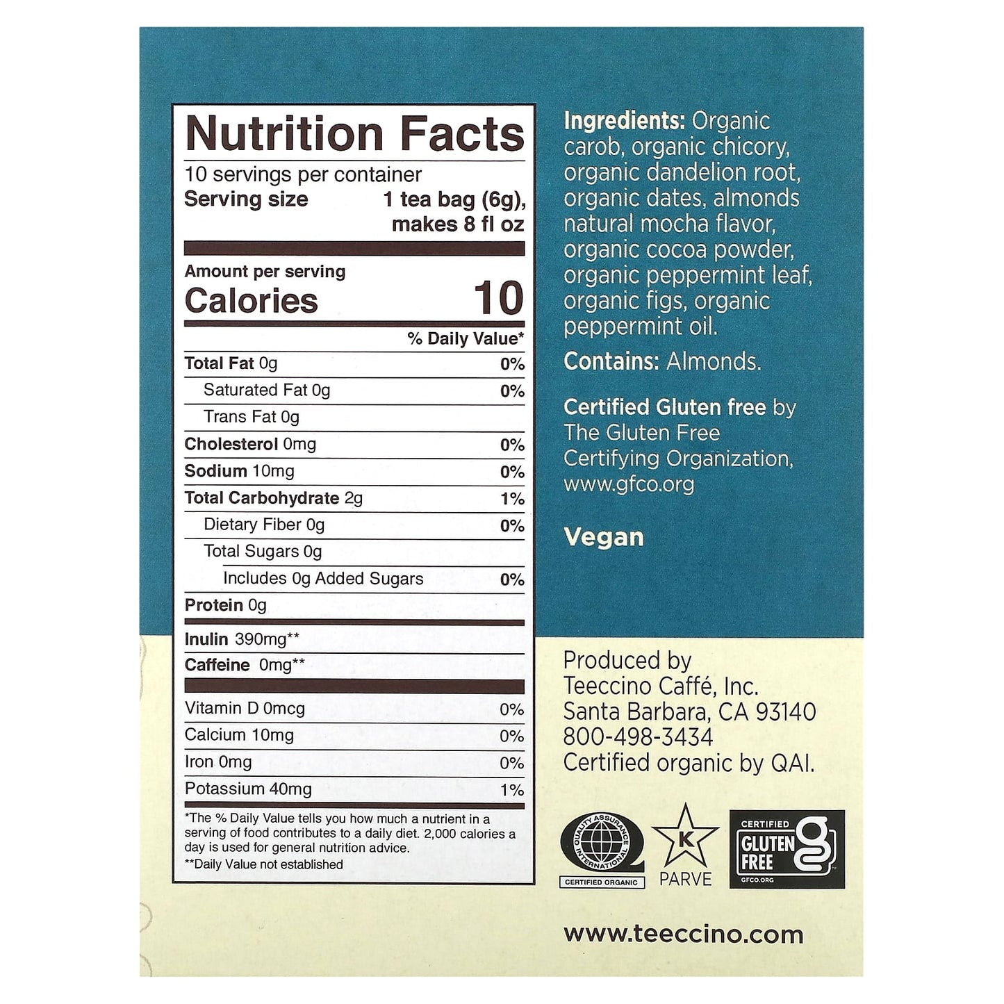 Teeccino, Roasted Herbal Tea, Dandelion Mocha Mint, Caffeine Free, 10 Tea Bags, 2.12 oz (60 g) - Image 2