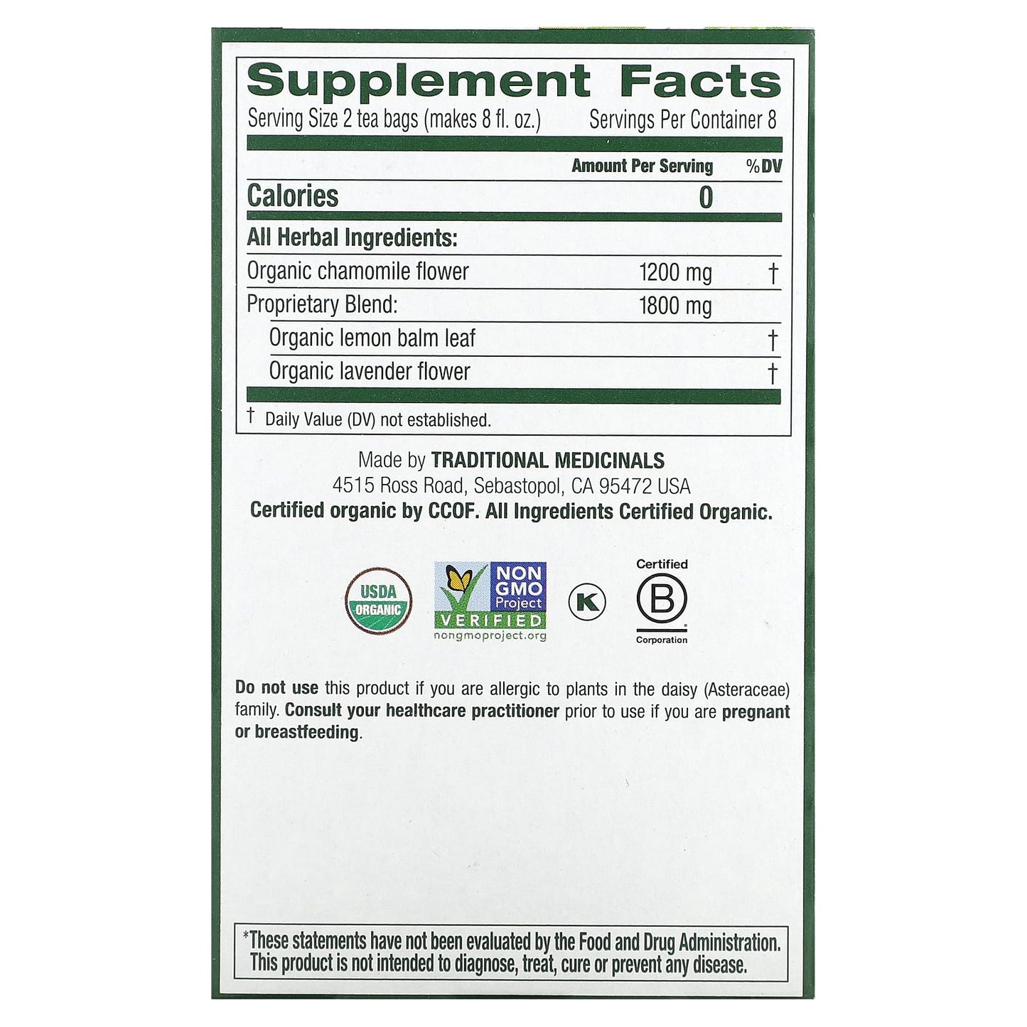 Traditional Medicinals, Organic Chamomile & Lavender, Caffeine Free, 16 Wrapped Tea Bags, 0.85 oz (24 g) - Image 2