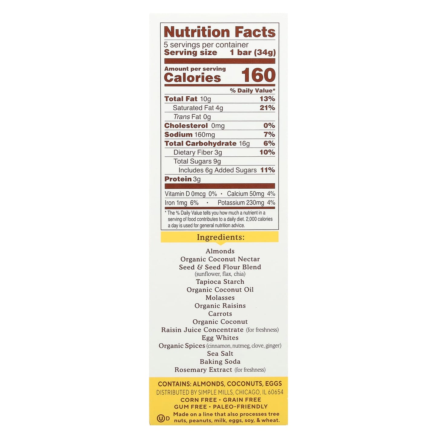 Simple Mills, Soft Baked Almond Flour Bars, Spiced Carrot Cake, 5 Bars, 1.19 oz (34 g) Each - Image 2
