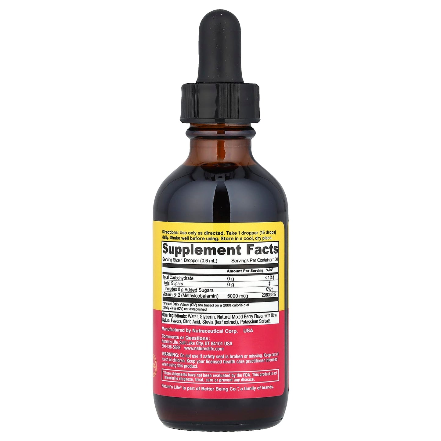 Nature's Life, B-12 Drops, Sugar Free, Mixed Berry, 5,000 mcg, 2 fl oz (60 ml)