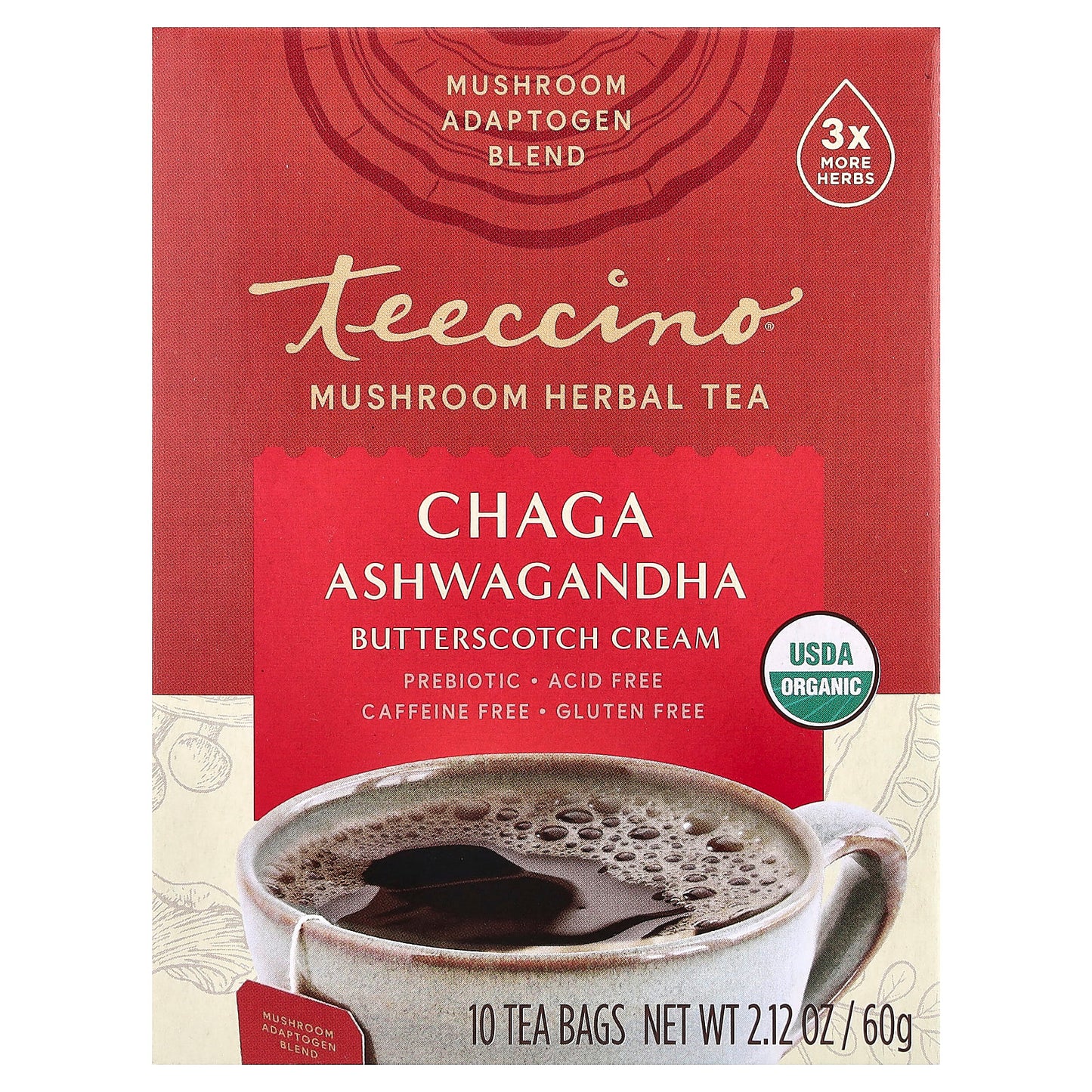 Teeccino, Mushroom Herbal Tea, Chaga Ashwagandha, Butterscotch Cream, Caffeine Free, 10 Tea Bags, 2.12 oz (60 g) - Image 1
