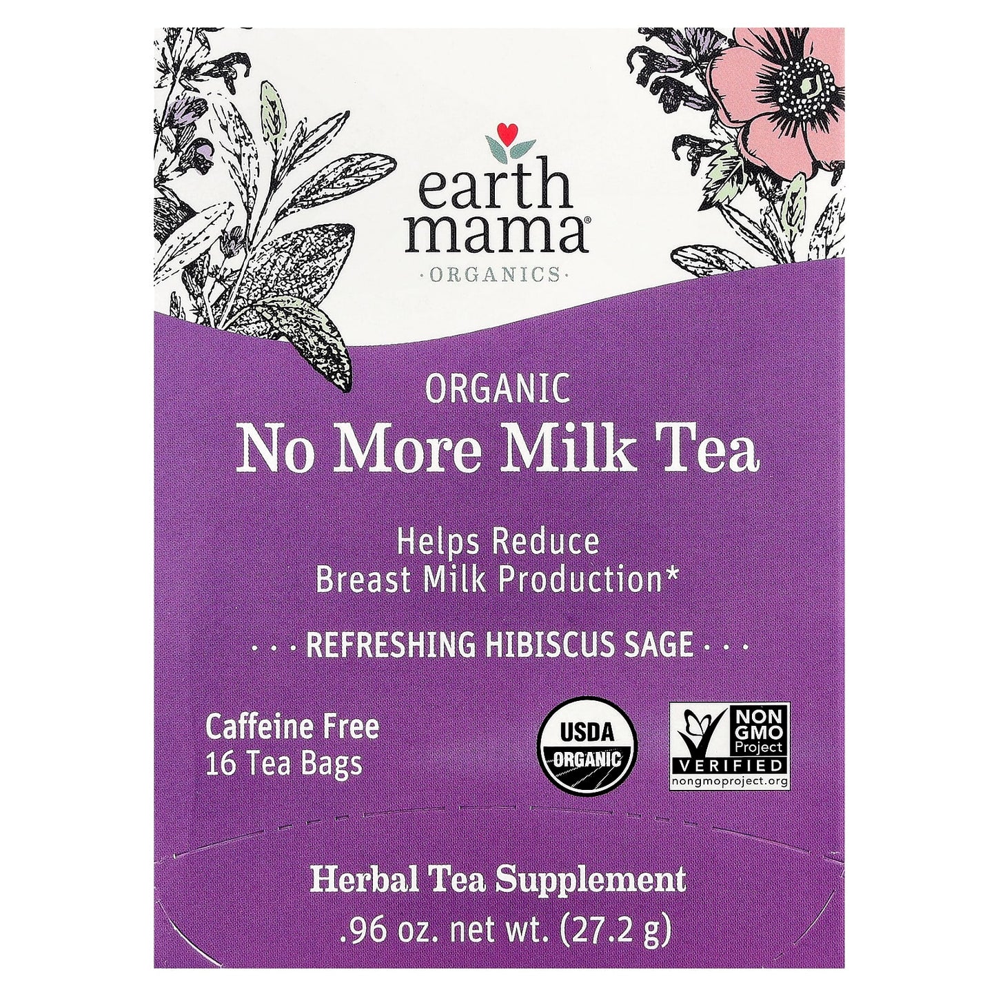 Earth Mama, Organic No More Milk Tea, Refreshing Hibiscus Sage, Caffeine Free, 16 Tea Bags, 0.96 oz (27.2 g)