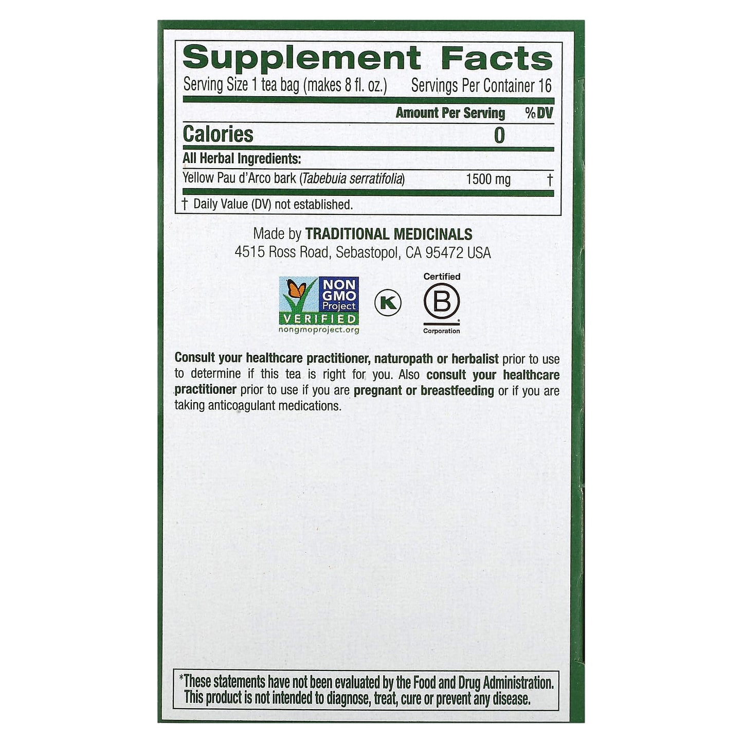 Traditional Medicinals, Yellow Pau d' Arco, Caffeine Free, 16 Wrapped Tea Bags, 0.85 oz (24 g) - Image 2