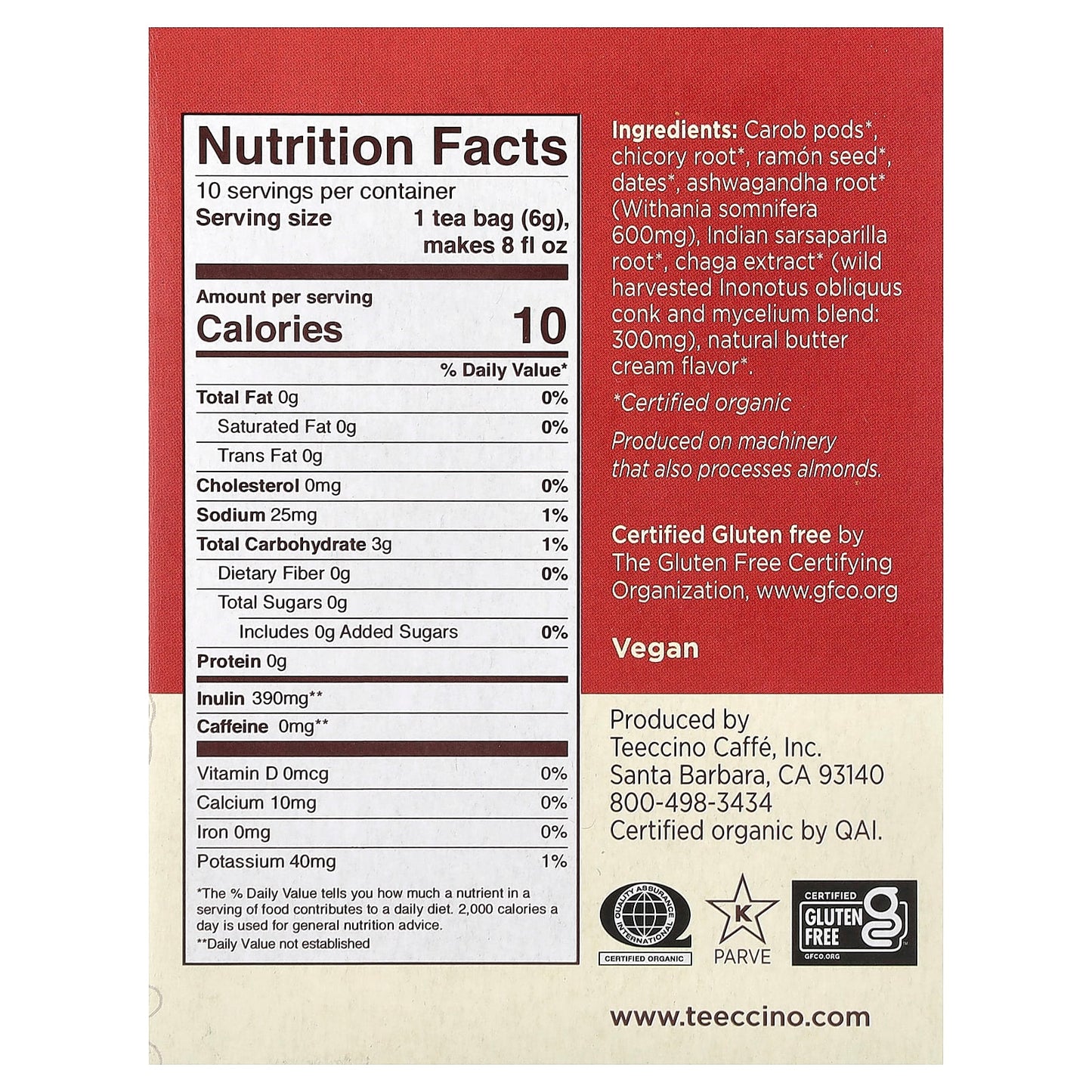 Teeccino, Mushroom Herbal Tea, Chaga Ashwagandha, Butterscotch Cream, Caffeine Free, 10 Tea Bags, 2.12 oz (60 g) - Image 2