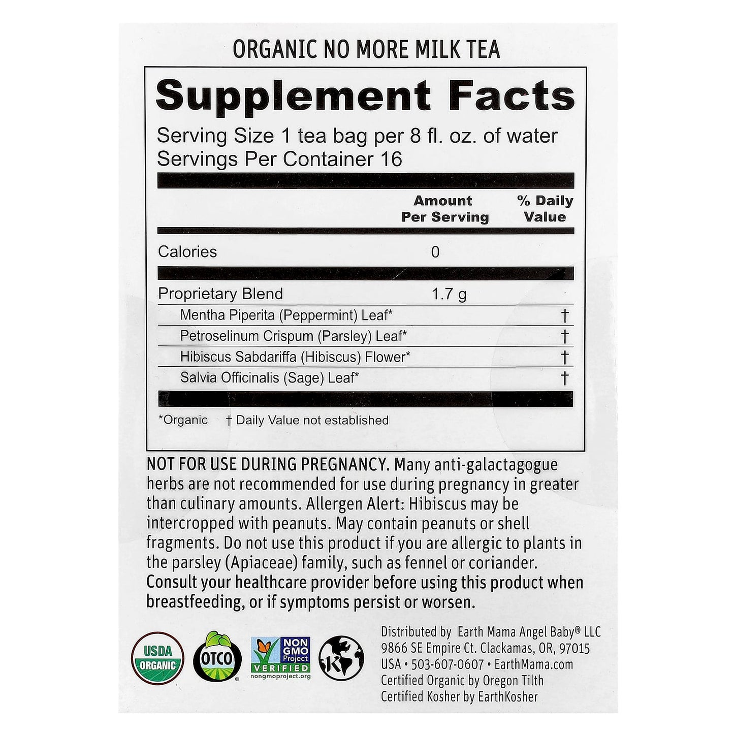 Earth Mama, Organic No More Milk Tea, Refreshing Hibiscus Sage, Caffeine Free, 16 Tea Bags, 0.96 oz (27.2 g)