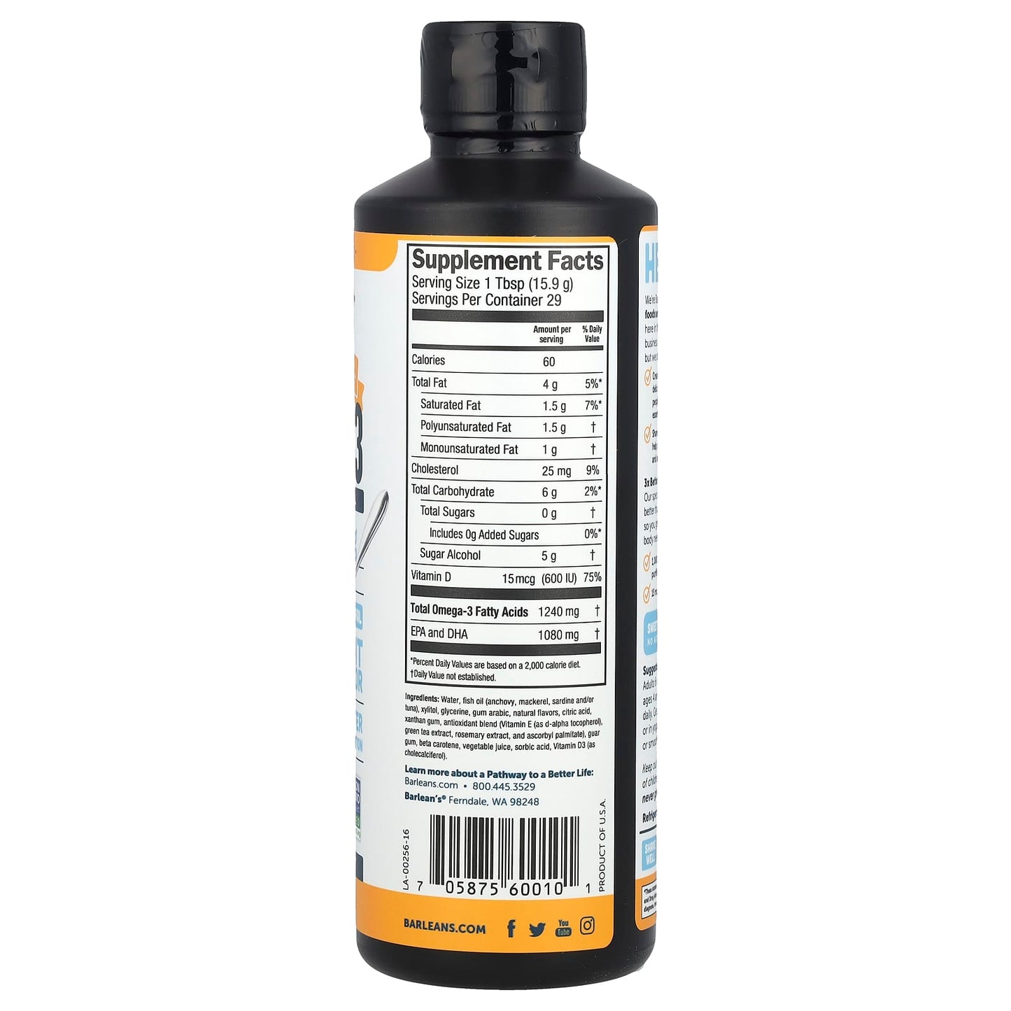 Barlean's Omega-3 Fish Oil + Vitamin D Mango Peach Smoothie 16 oz - Image 2