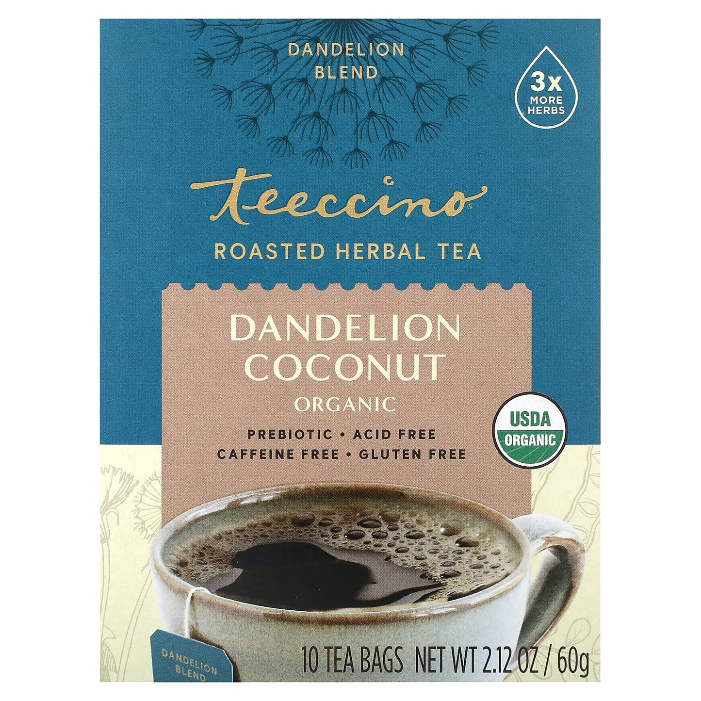 Teeccino, Organic Roasted Herbal Tea, Dandelion Coconut, Caffeine Free, 10 Tea Bags, 2.12 oz (60 g) - Image 1