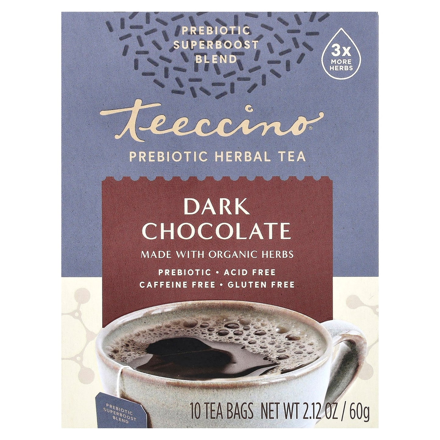 Teeccino, Prebiotic Herbal Tea, Dark Chocolate, Caffeine Free, 10 Tea Bags, 2.12 oz (60 g) - Image 1