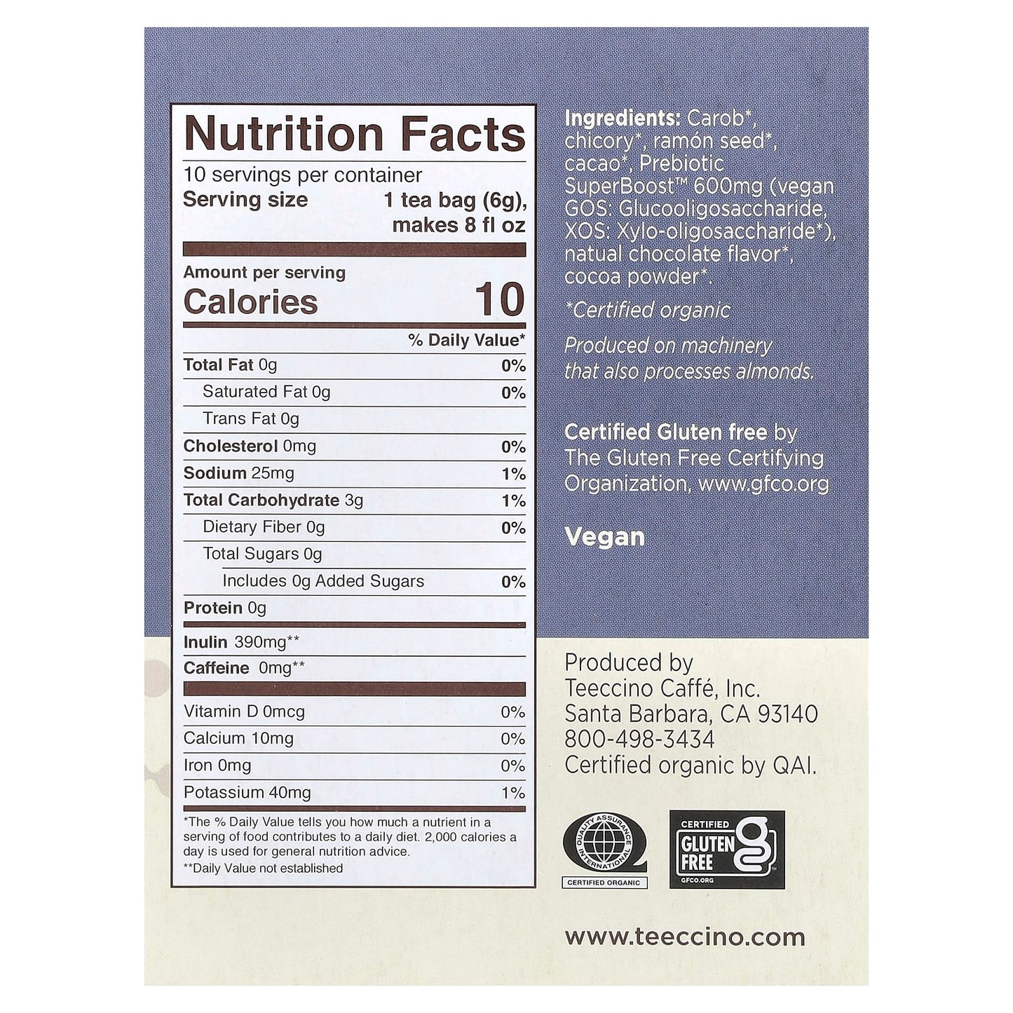 Teeccino, Prebiotic Herbal Tea, Dark Chocolate, Caffeine Free, 10 Tea Bags, 2.12 oz (60 g) - Image 2