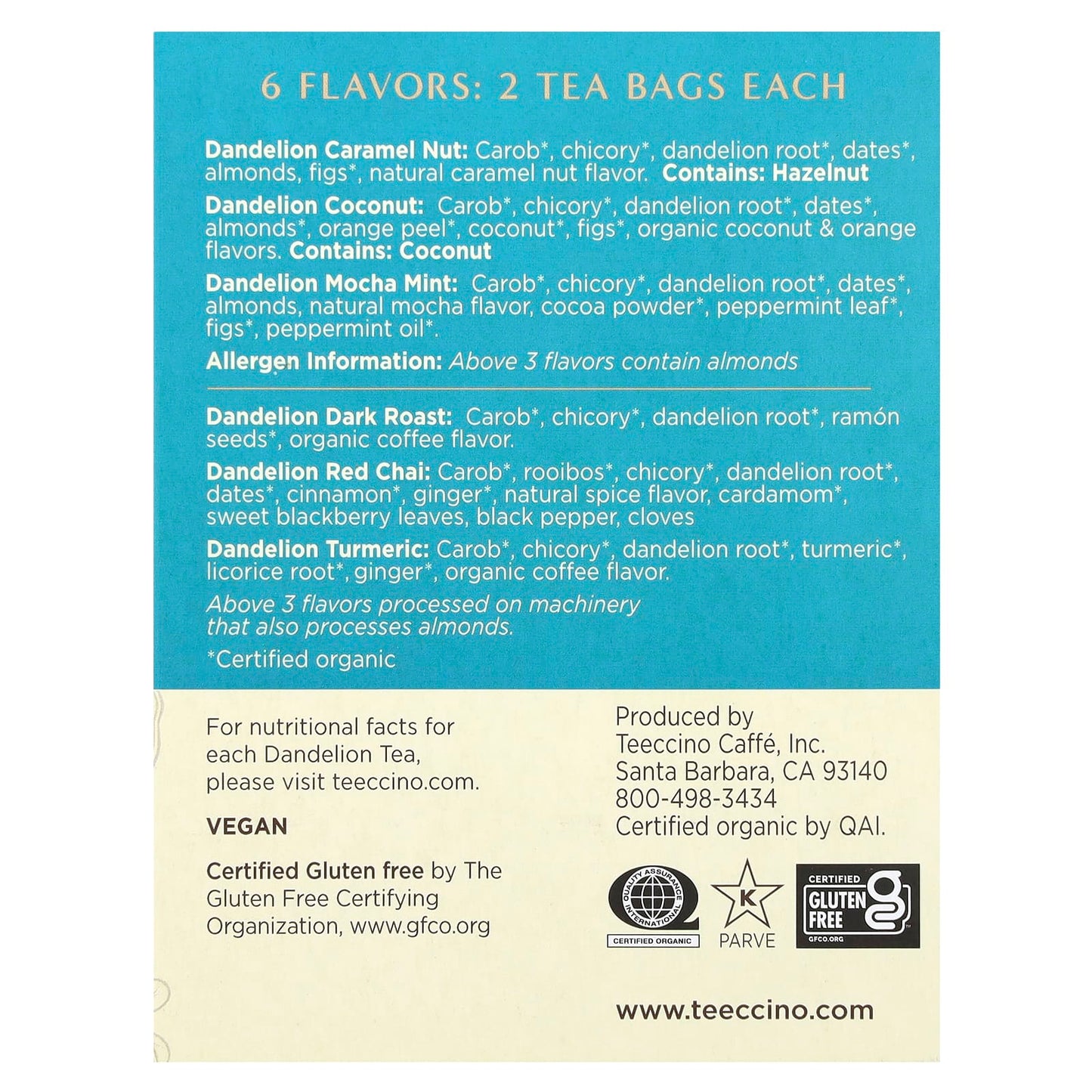 Teeccino, Dandelion Herbal Tea Sampler, 6 Flavors, Caffeine Free, 12 Tea Bags, 2.54 oz (72 g) - Image 2