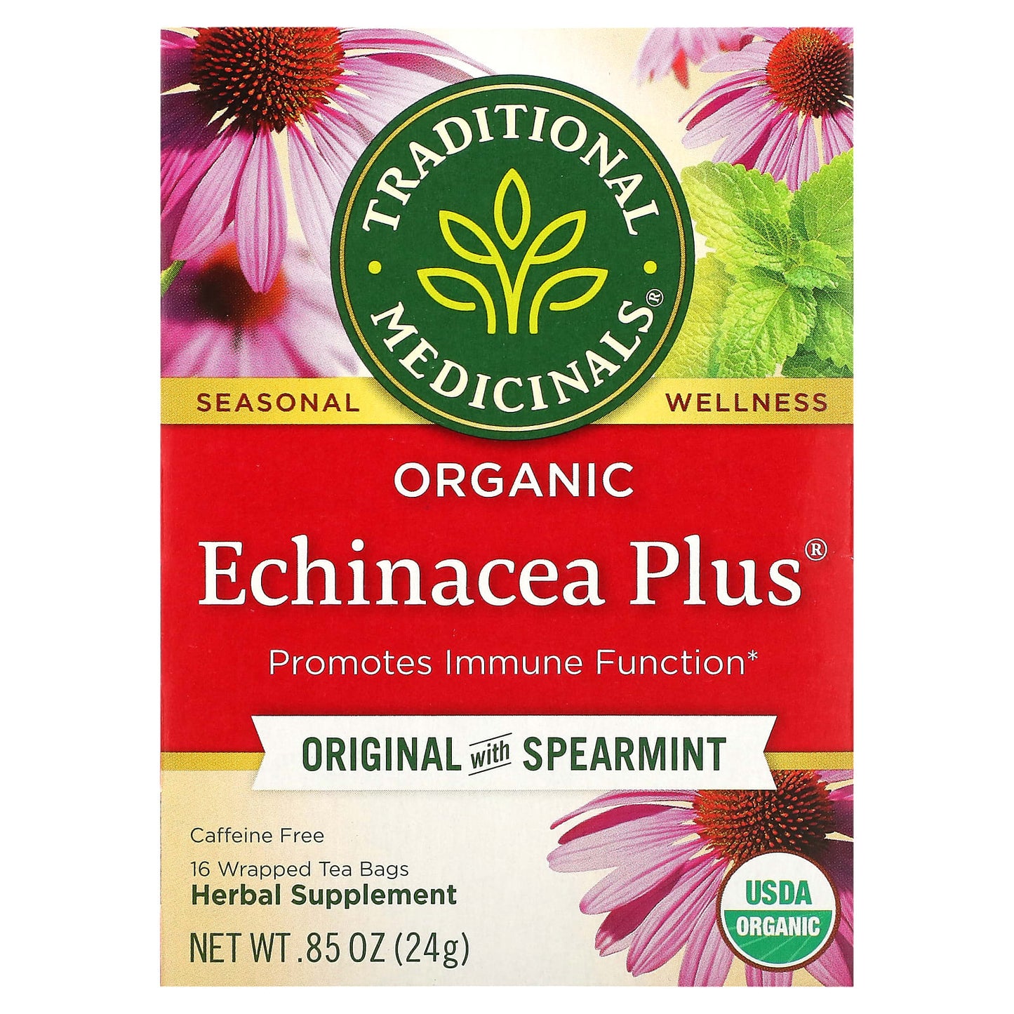 Traditional Medicinals, Organic Echinacea Plus, Original with Spearmint, Caffeine Free, 16 Wrapped Tea Bags, 0.85 oz (24 g) - Image 1