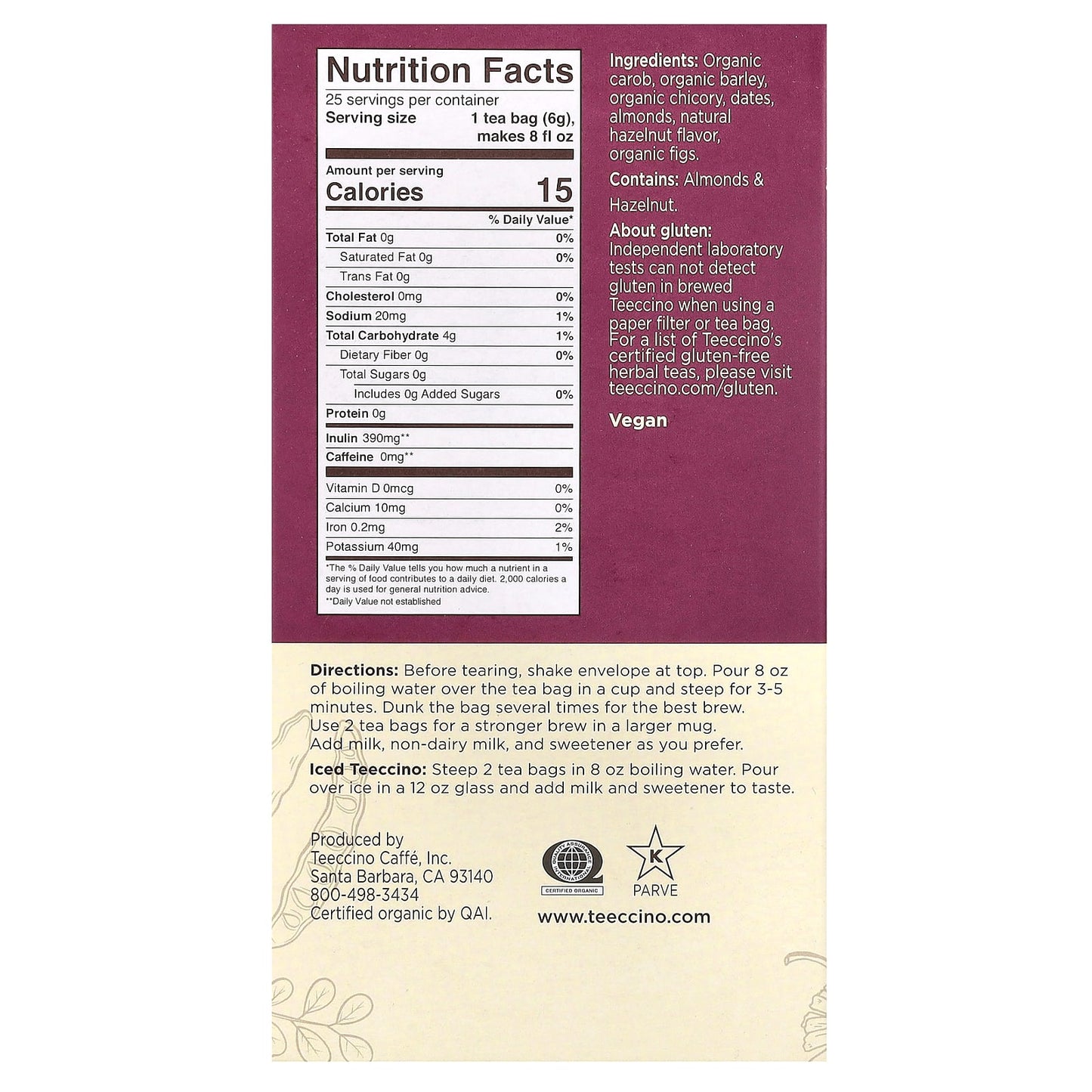 Teeccino, Roasted Herbal Tea, Hazelnut, Caffeine Free, 25 Tea Bags, 5.3 oz (150 g) - Image 2