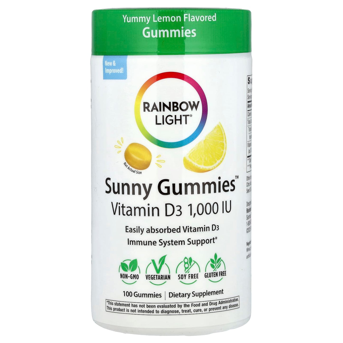 Rainbow Light, Sunny Gummies™, Vitamin D3, Yummy Lemon, 25 mcg (1,000 IU), 100 Gummies - Image 1
