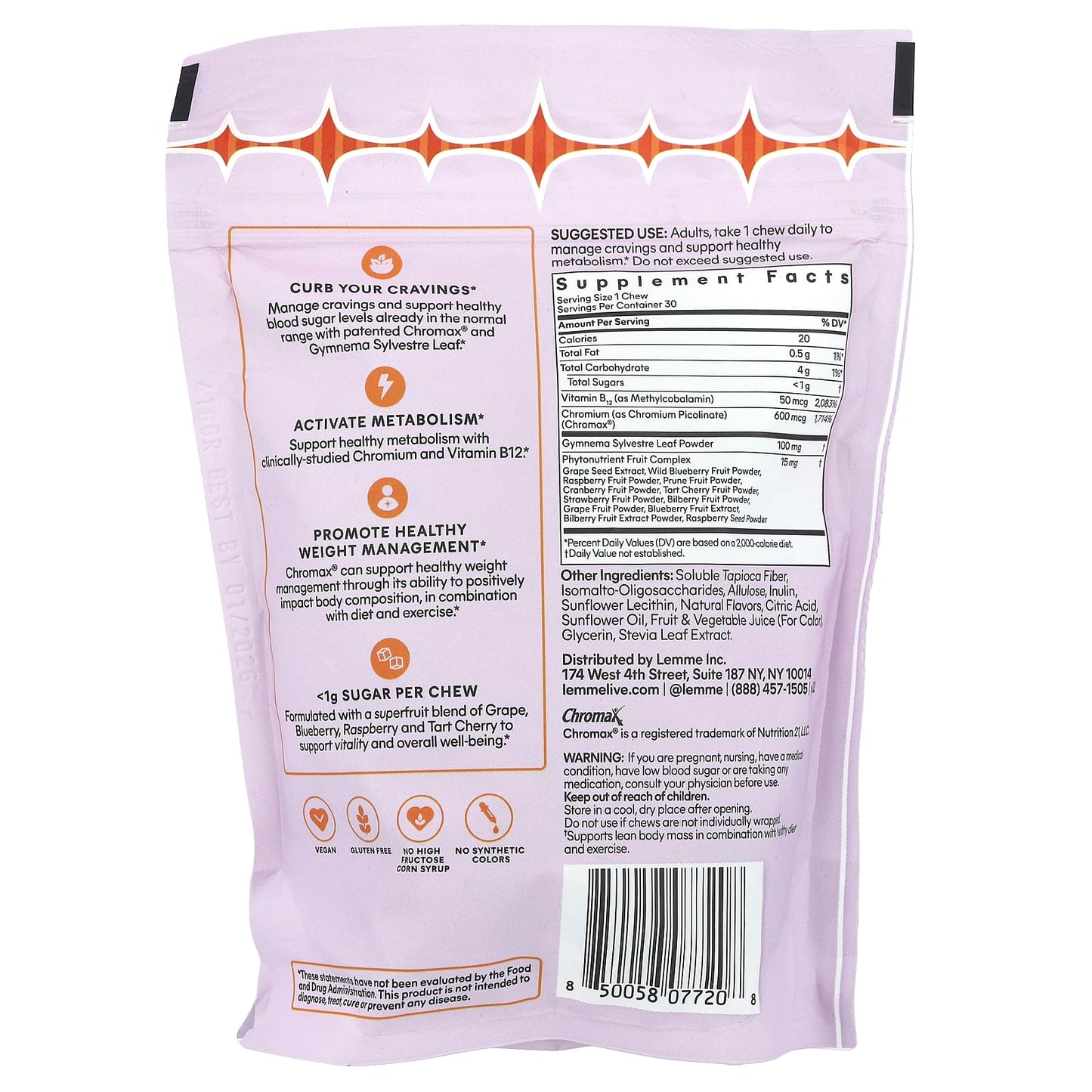 Lemme, Curb, Cravings & Lean Body Mass Support Soft Chews, Mixed Fruit, 30 Individually Wrapped Chews