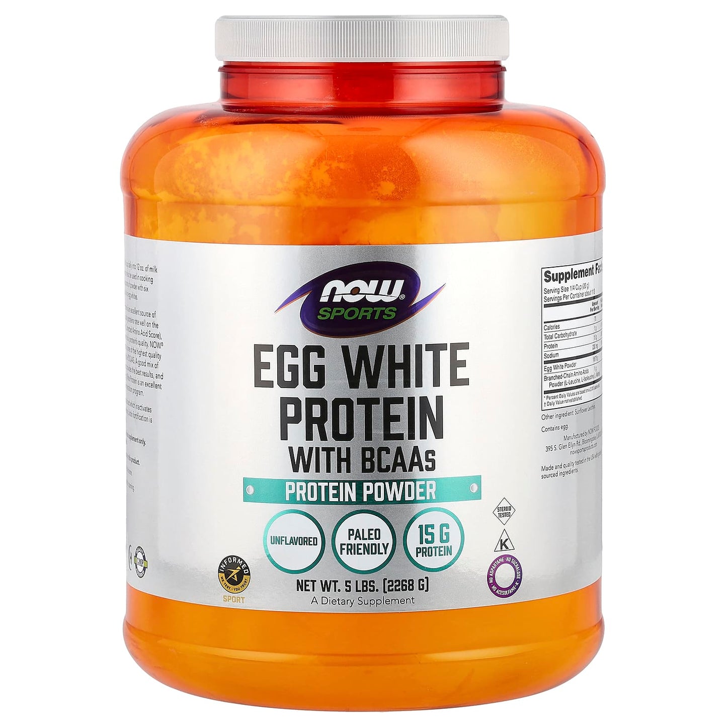 NOW Foods, Sports, Egg White Protein Powder With BCAAs , Unflavored, 5 lbs (2,268 g) - Image 1