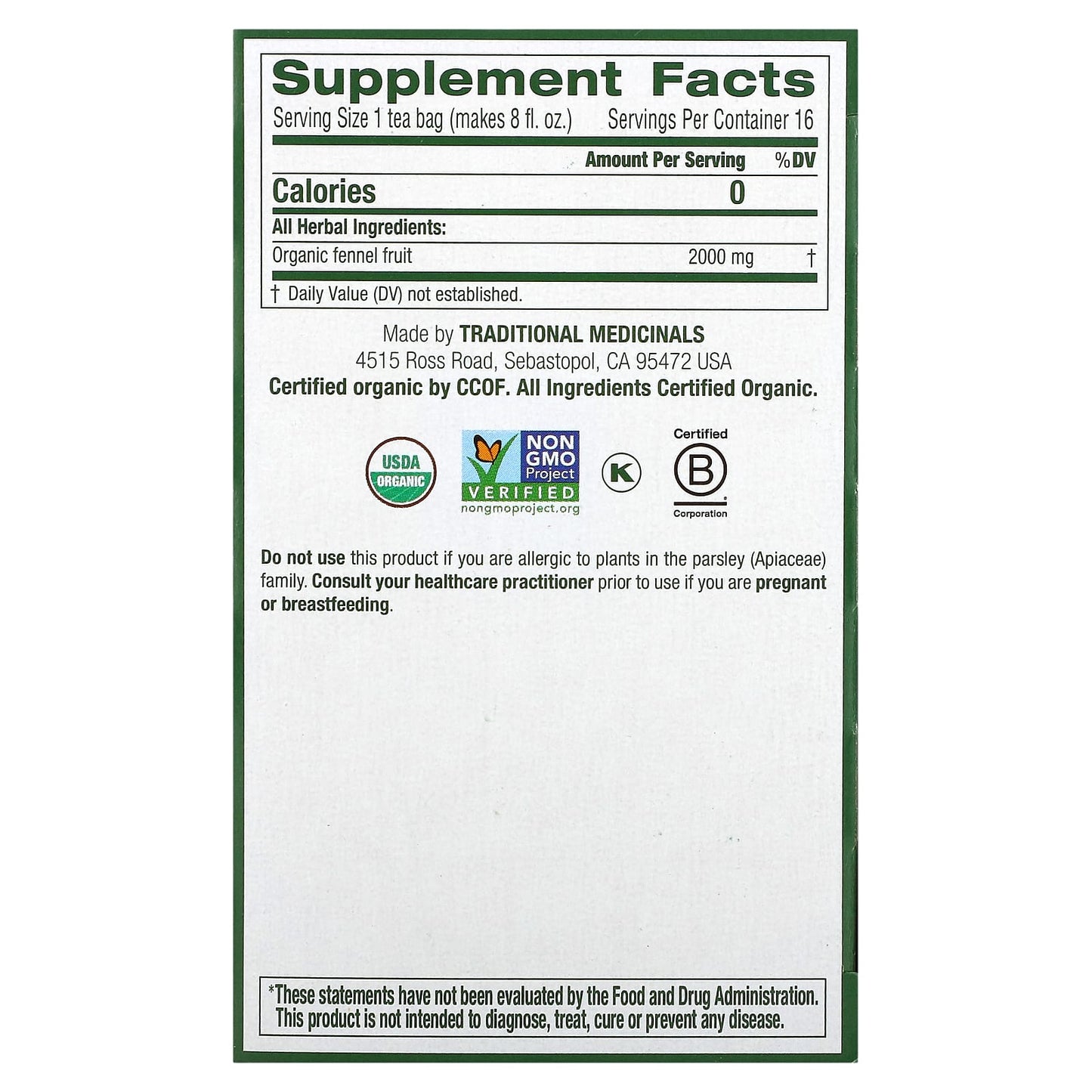 Traditional Medicinals, Organic Fennel, Caffeine Free, 16 Wrapped Tea Bags, 1.13 oz (32 g) - Image 2