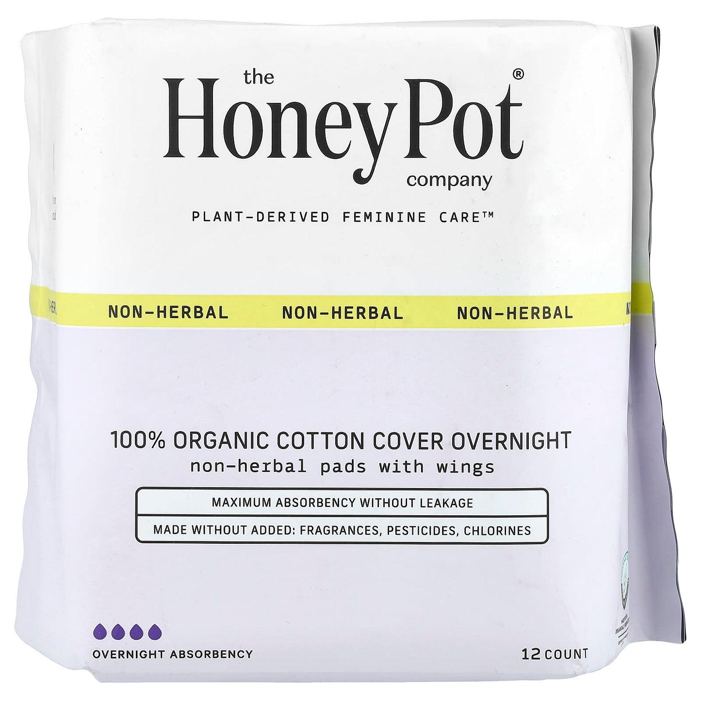 The Honey Pot Company, Organic Non-Herbal Pads with Wings, Overnight, 12 Count - Image 1