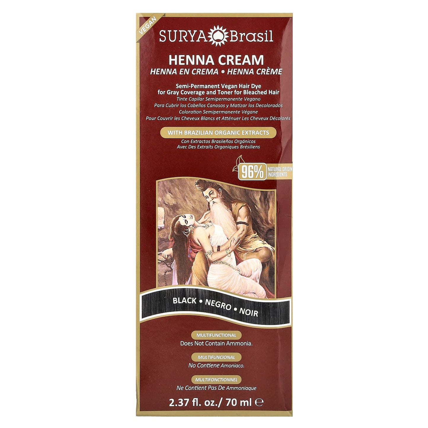 Surya Brasil, Henna Cream, Semi-Permanent Vegan Hair Dye for Gray Coverage and Toner for Bleached Hair, Black, 2.37 fl oz (70 ml) - Image 2