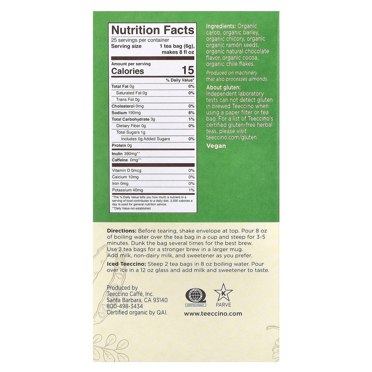 Teeccino, Organic Roasted Herbal Tea, Mexican Chocolate, Caffeine Free, 25 Tea Bags, 5.3 oz (150 g) - Image 2