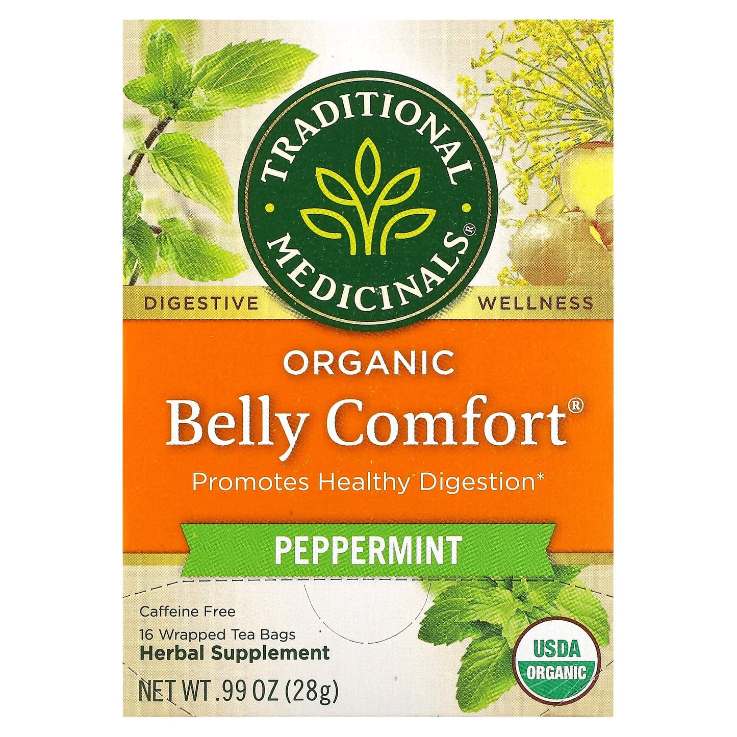 Traditional Medicinals, Organic Belly Comfort, Peppermint, Caffeine Free, 16 Wrapped Tea Bags, 0.99 oz (28 g) - Image 1