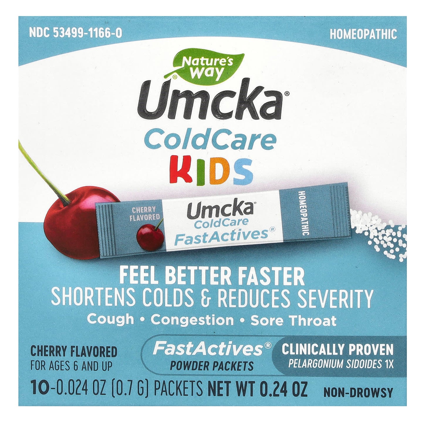 Nature's Way, Umcka, Kids ColdCare, FastActives, For Ages 6 and UP, Cherry, 10 Powder Packets, 0.024 oz (0.7 g) Each