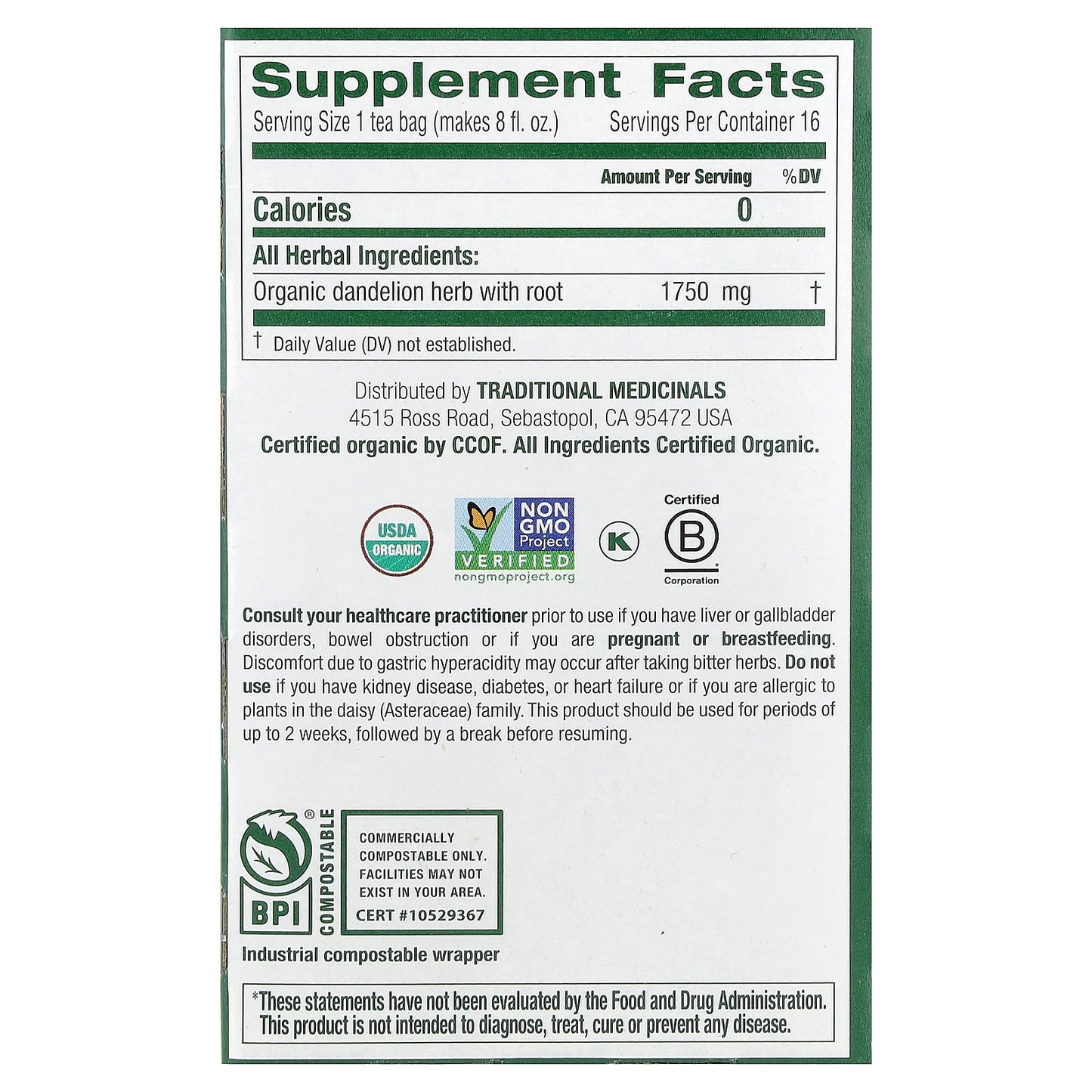 Traditional Medicinals, Organic Dandelion Leaf & Root Tea, Caffeine Free, 16 Wrapped Tea Bags, 0.99 oz (28 g) - Image 2