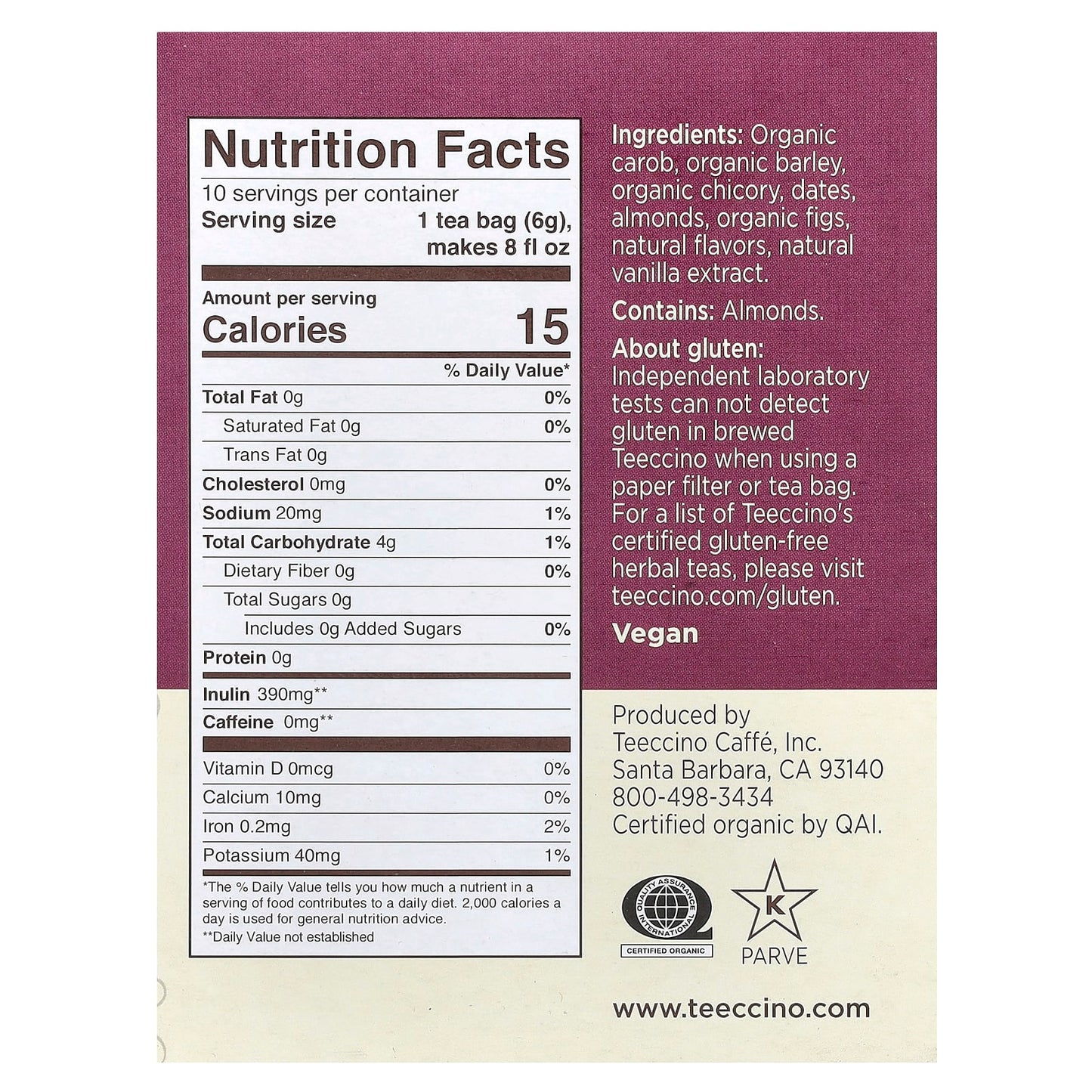 Teeccino, Roasted Herbal Tea, Vanilla Nut, Caffeine Free, 10 Tea Bags, 2.12 oz (60 g) - Image 2