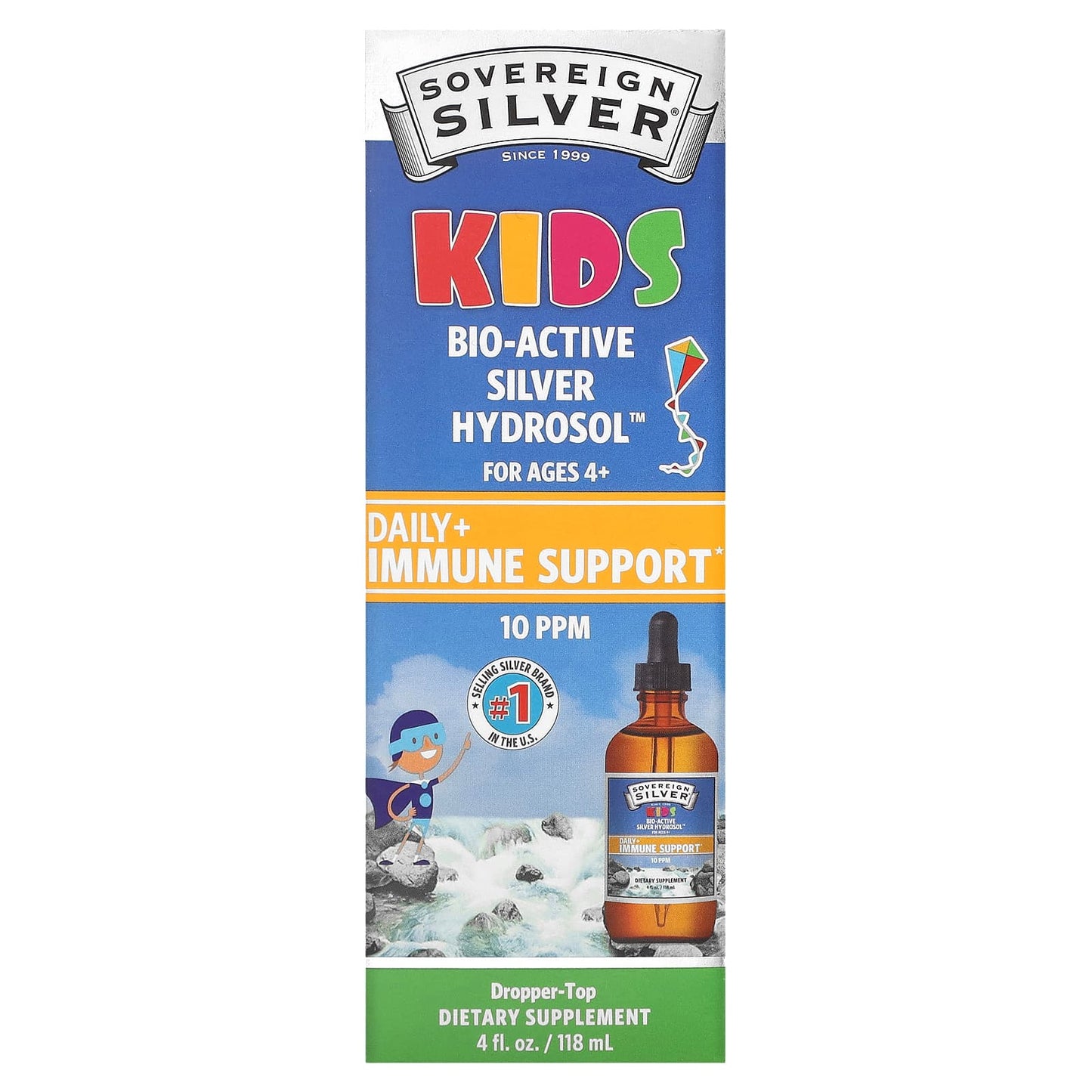 Sovereign Silver, Kids Bio-Active Silver Hydrosol, Daily+ Immune Support, Ages 4+, 10PPM, 4 fl oz (118 ml) (10 PPM per 1.6 ml) - Image 1