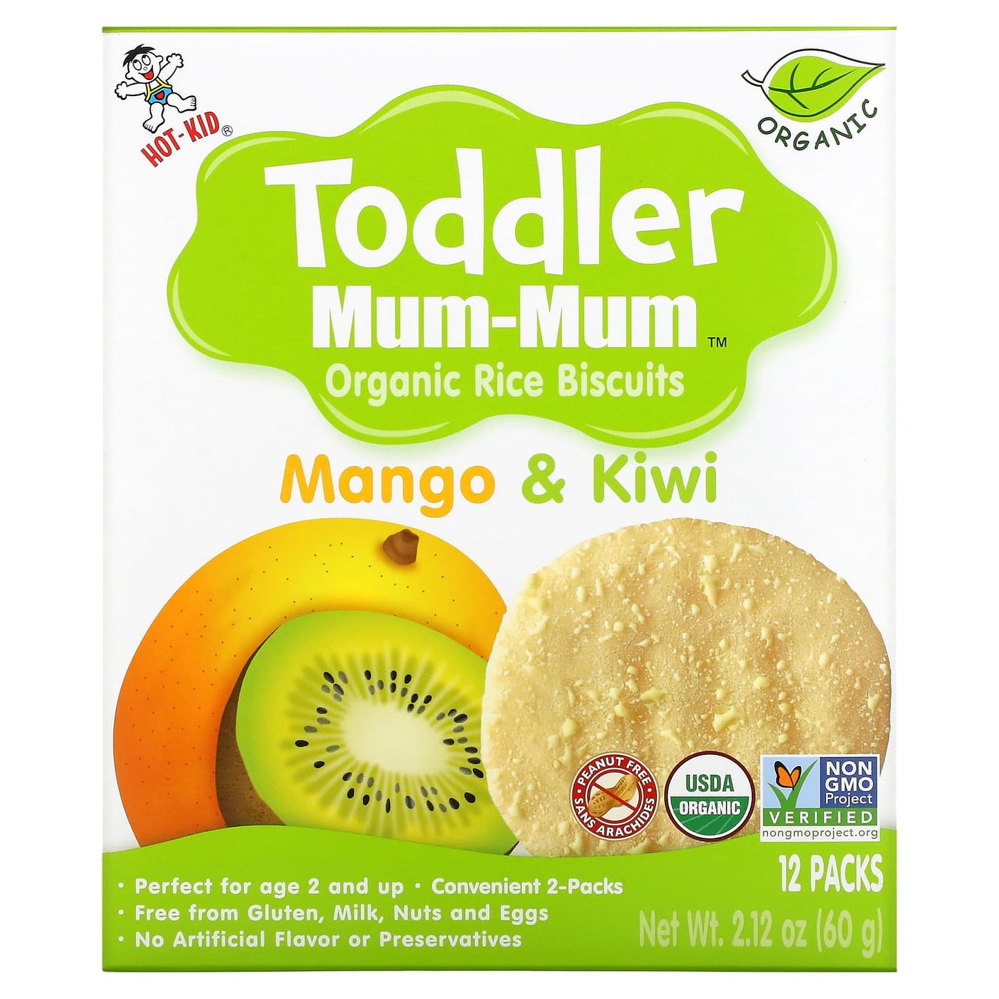 Hot Kid Organic Toddler Mum-Mum Rice Biscuits, Mango & Kiwi, 2+ Yrs, 12 Packs - Image 1