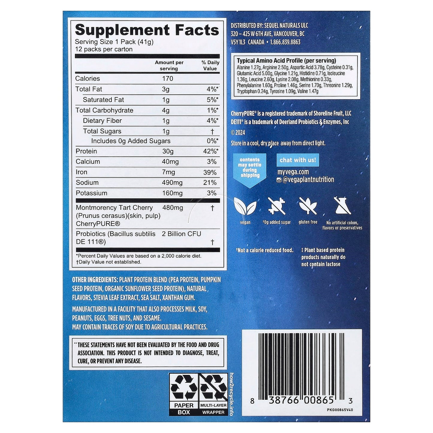 Vega, Plant-Based Protein, Performance Protein + Recovery, Creamy Vanilla, 12 Packs, 1.5 oz (41 g) Each - Image 2
