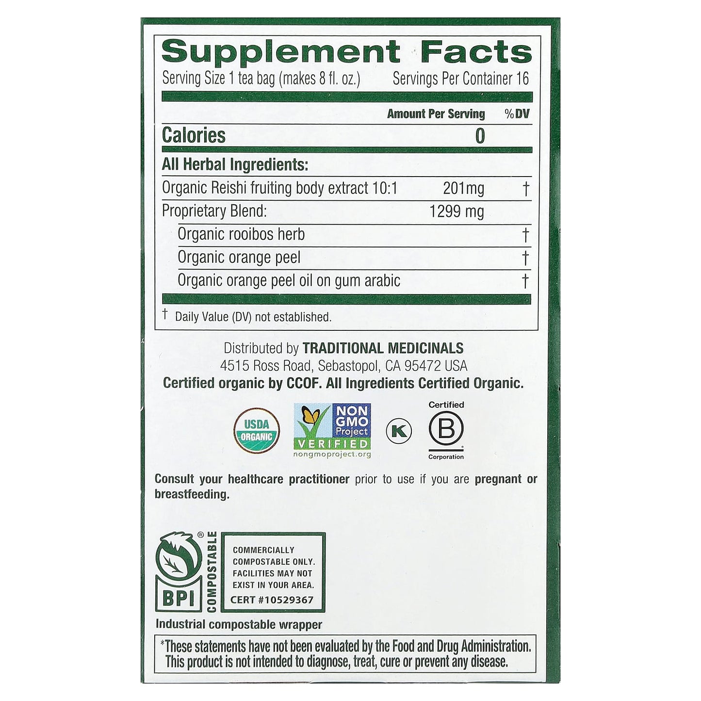 Traditional Medicinals, Organic Reishi Mushroom with Rooibos & Orange Peel, Caffeine Free, 16 Wrapped Tea Bags, 0.85 oz (24 g) - Image 2