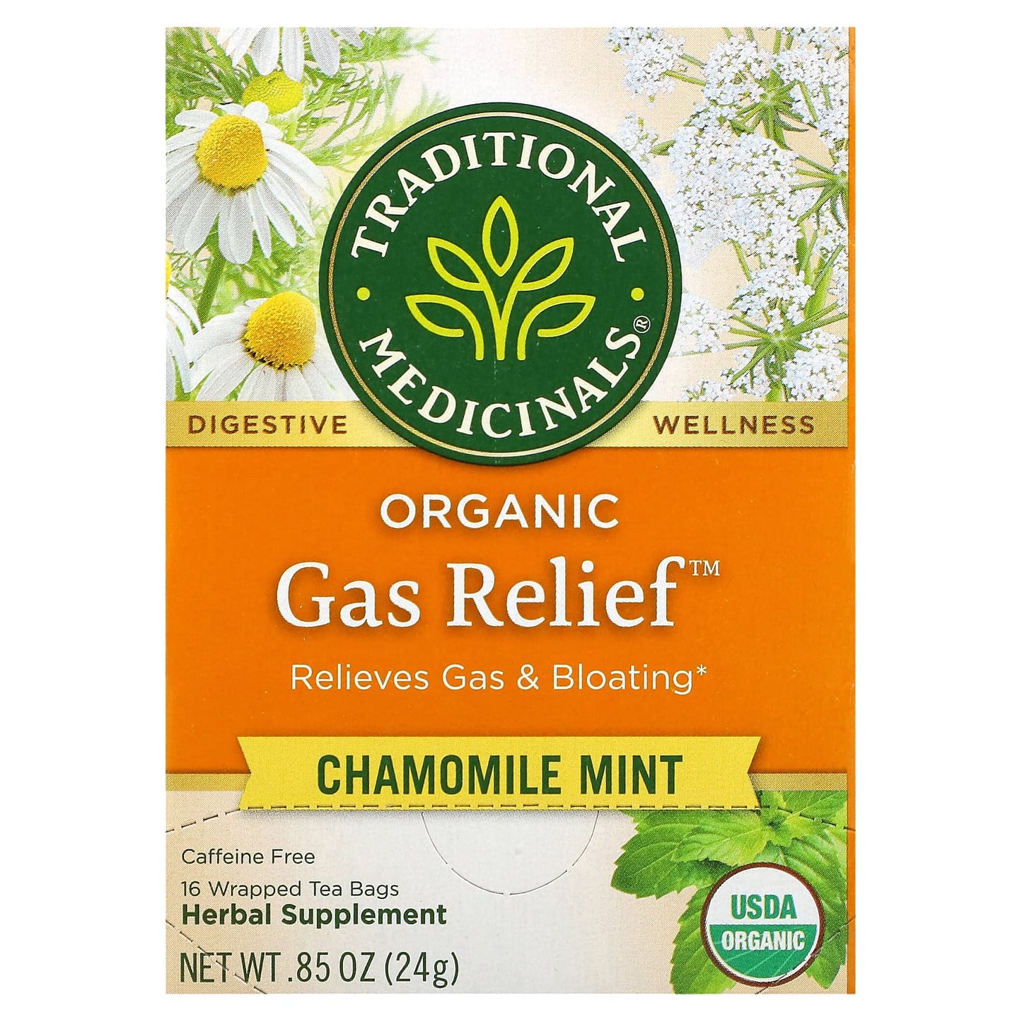 Traditional Medicinals, Organic Gas Relief, Chamomile Mint, Caffeine Free, 16 Wrapped Tea Bags, 0.85 oz (24 g) - Image 1