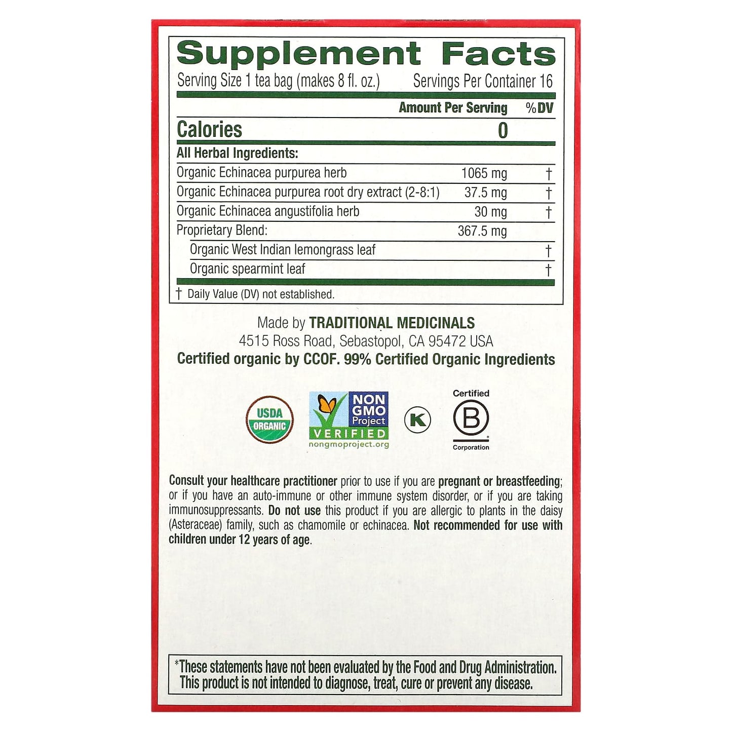 Traditional Medicinals, Organic Echinacea Plus, Original with Spearmint, Caffeine Free, 16 Wrapped Tea Bags, 0.85 oz (24 g) - Image 2