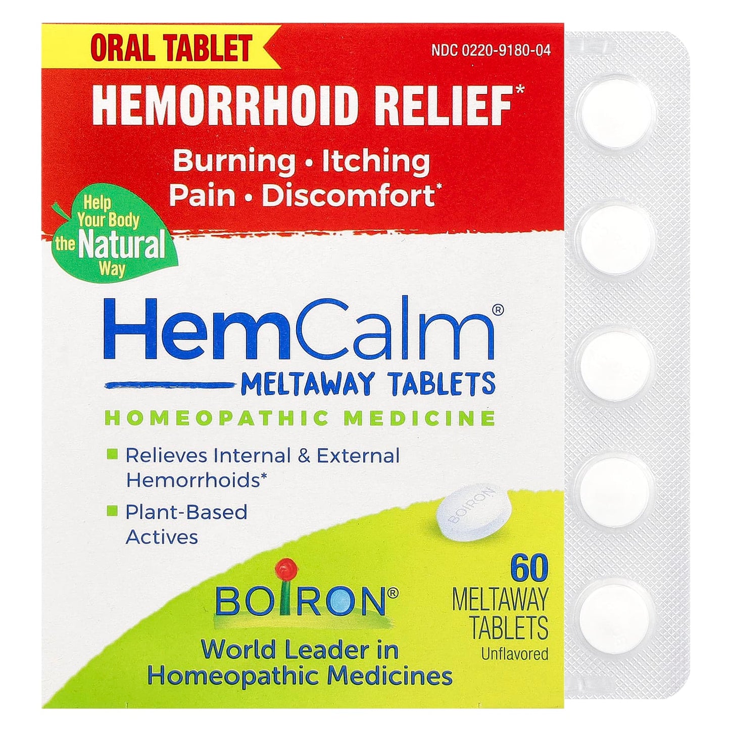 Boiron HemCalm Unflavored 60 Meltaway Tablets for Hemorrhoid Relief - Image 1