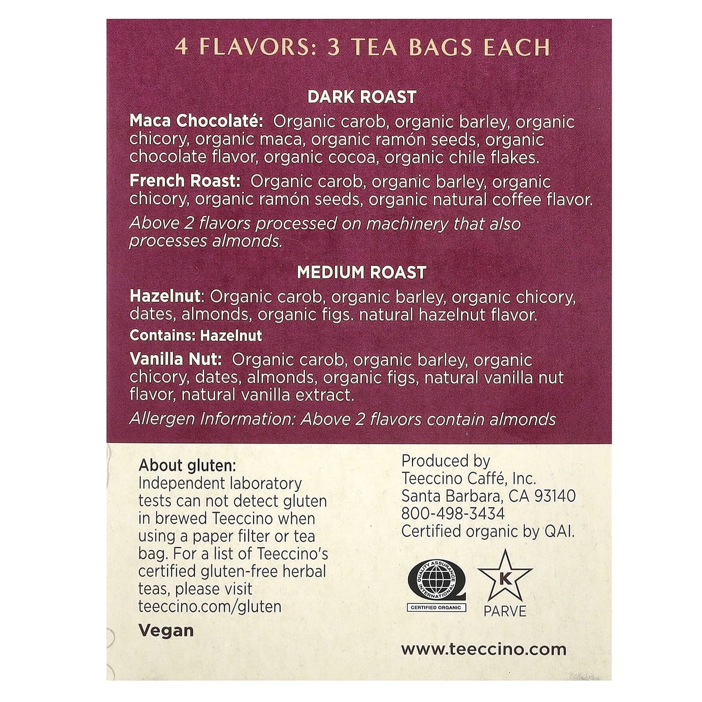 Teeccino, Roasted Herbal Tea Sampler, 4 Flavors, Caffeine Free, 12 Tea Bags, 2.54 oz (72 g) - Image 2