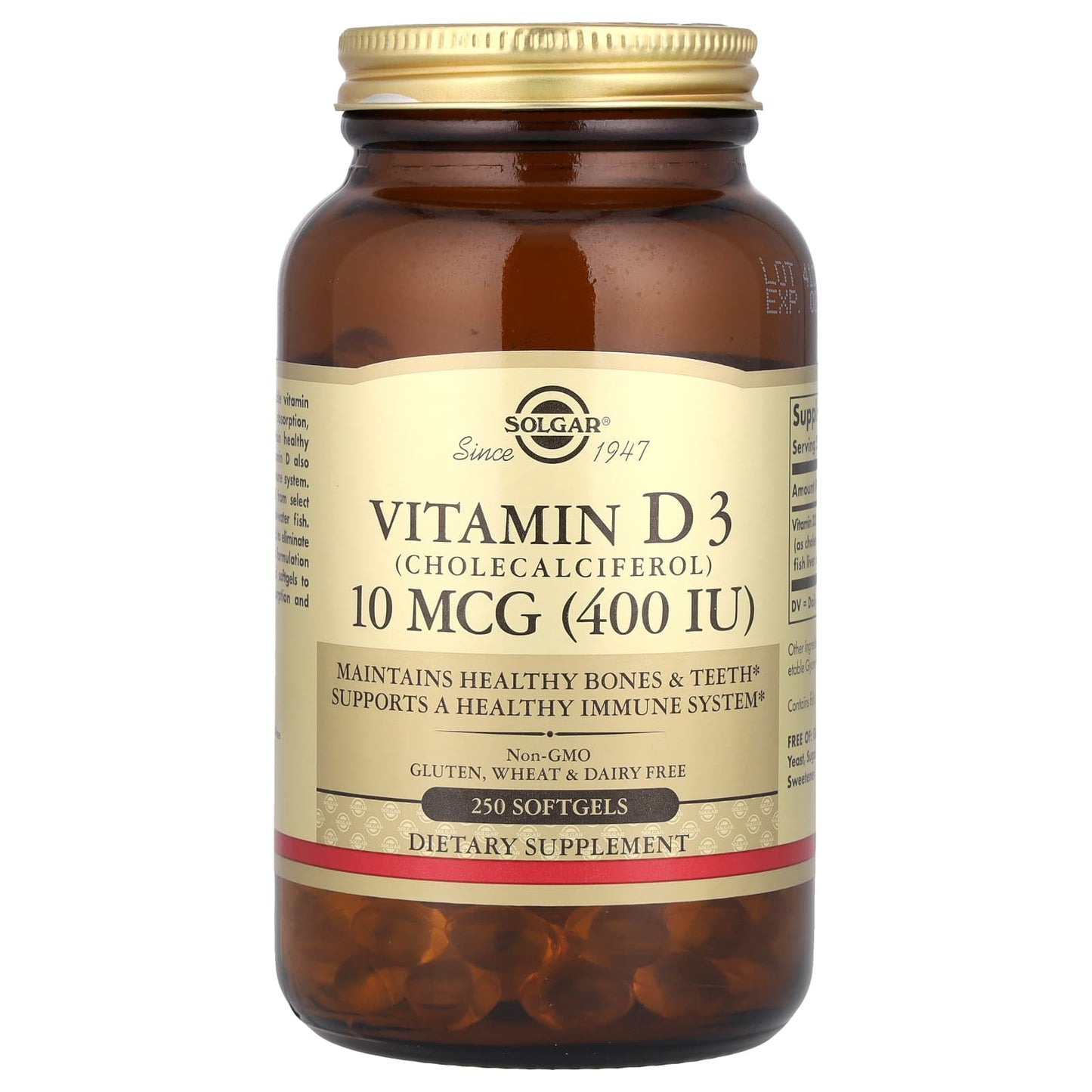 Solgar, Vitamin D3, 10 mcg (400 IU), 250 Softgels - Image 1