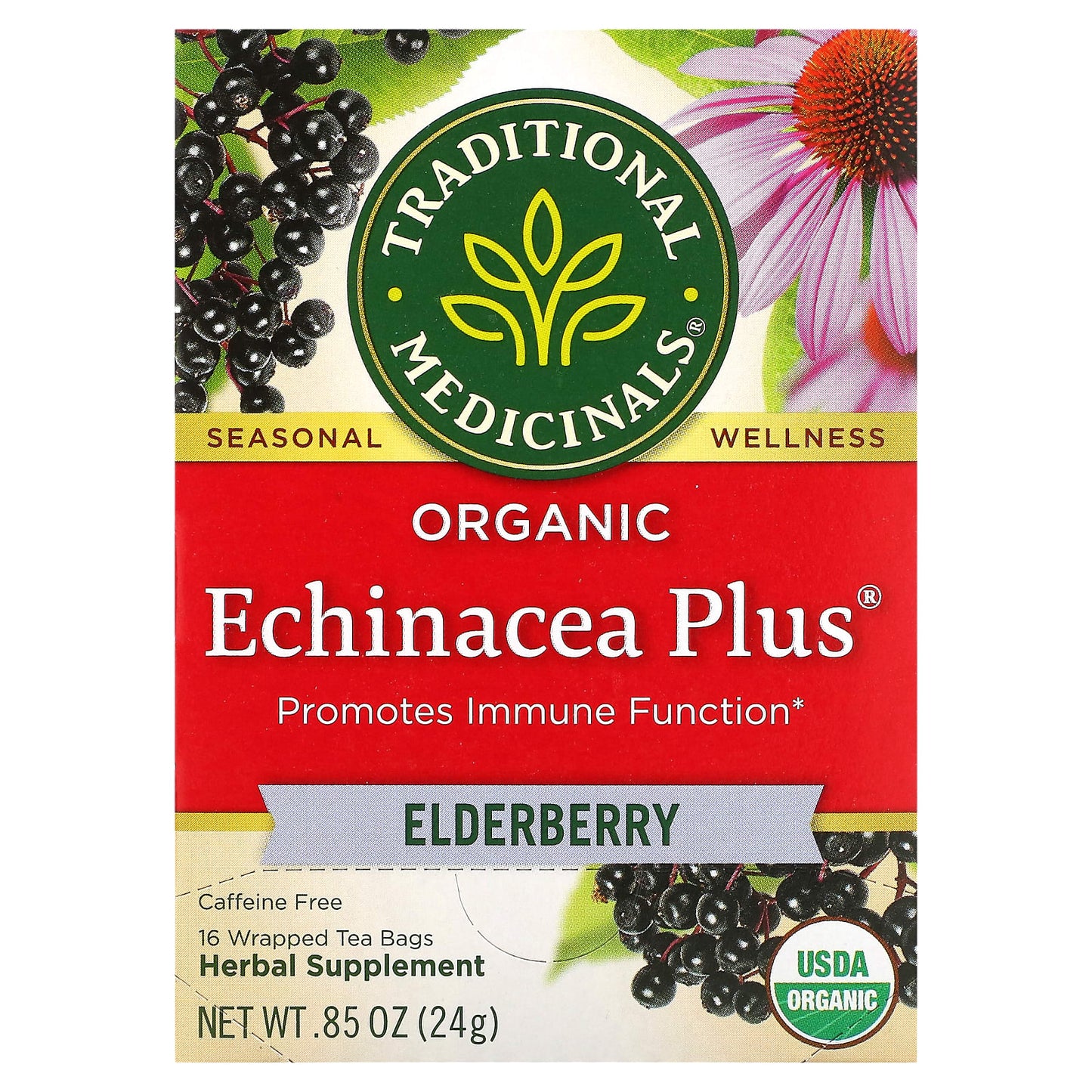 Traditional Medicinals, Organic Echinacea Plus, Elderberry, Caffeine Free, 16 Wrapped Tea Bags, 0.85 oz (24 g) - Image 1
