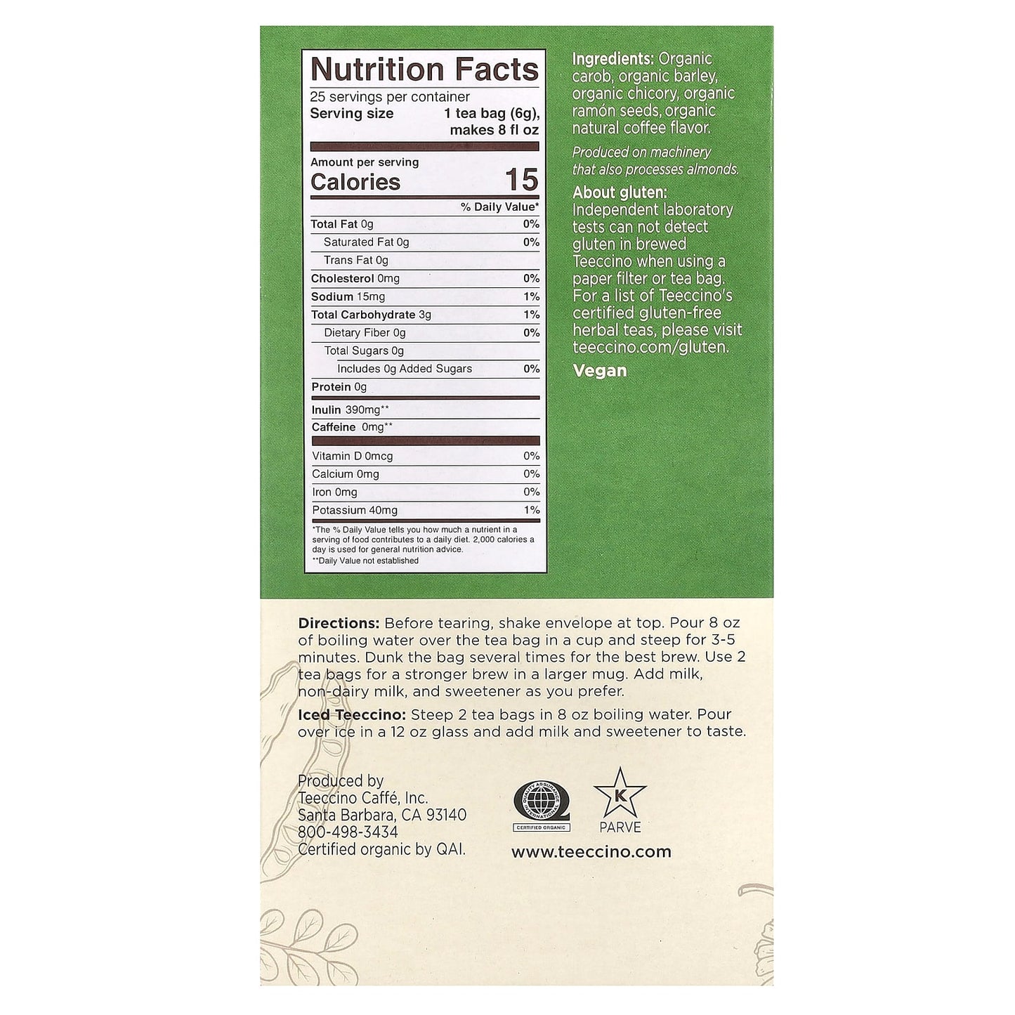 Teeccino, Organic Roasted Herbal Tea, French Roast, Caffeine Free, 25 Tea Bags, 5.3 oz (150 g) - Image 2