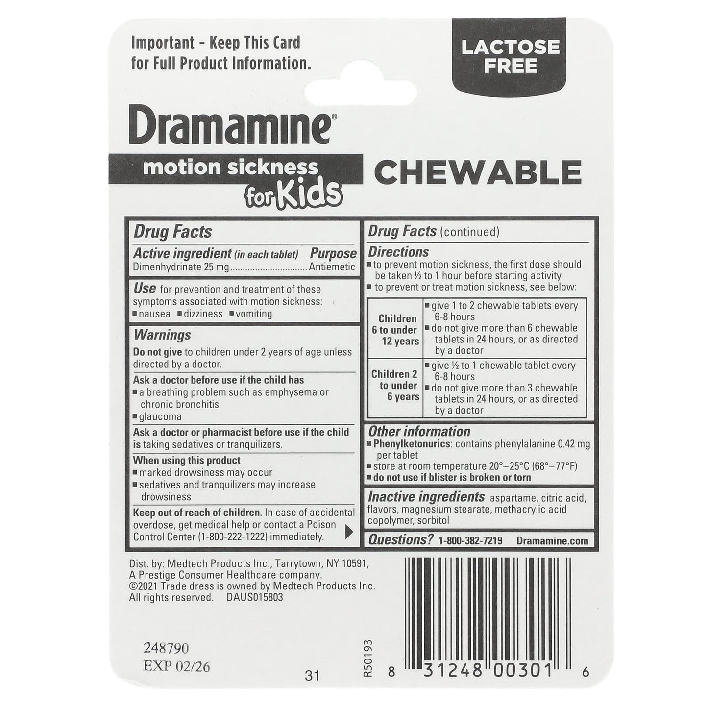 Dramamine Motion Sickness Relief for Kids (2-12 Years) - Grape Flavor, 25mg, 8 Tablets - Image 2