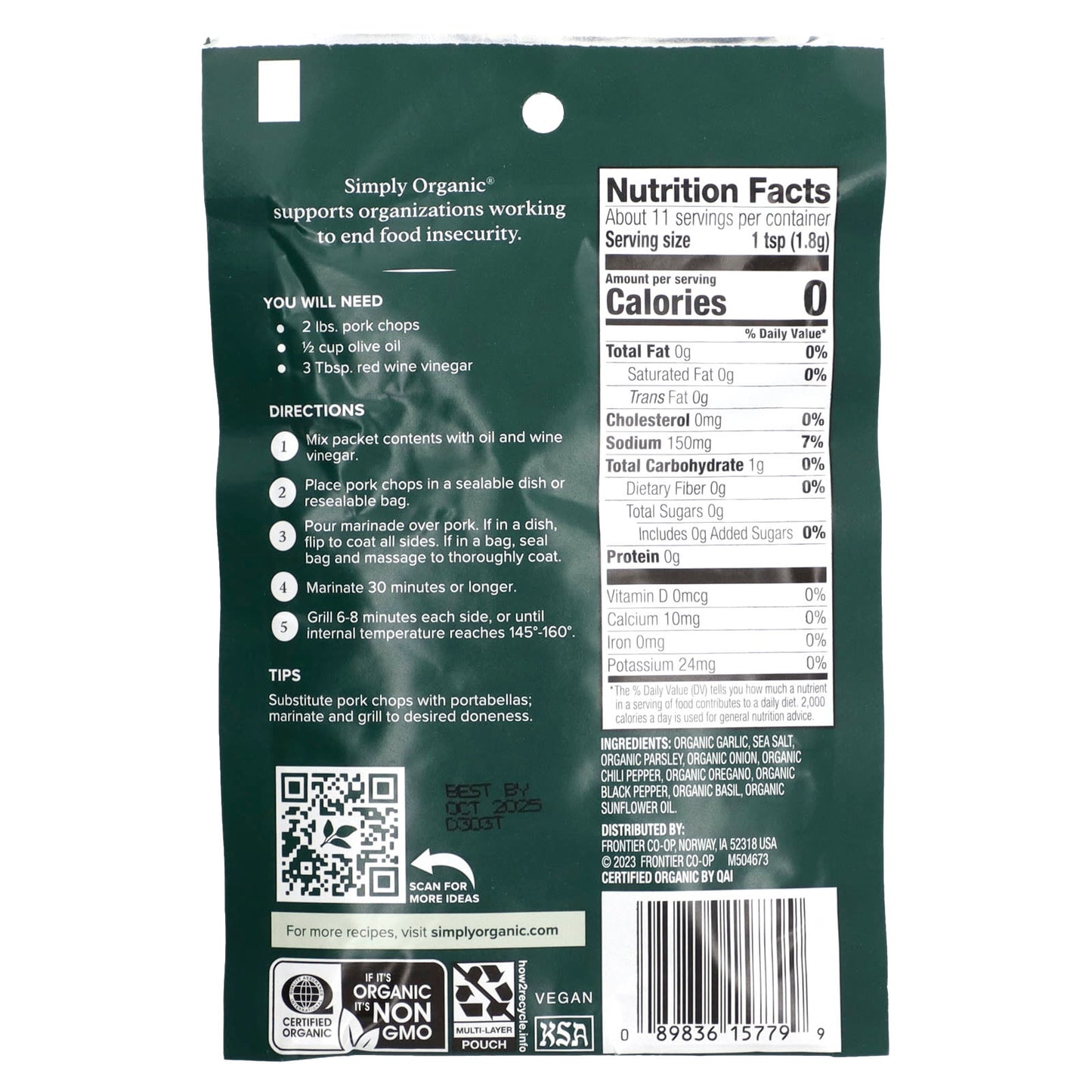 Simply Organic, Chimichurri Marinade Mix, 3 Packets, 0.71 oz (20 g) Each - Image 2