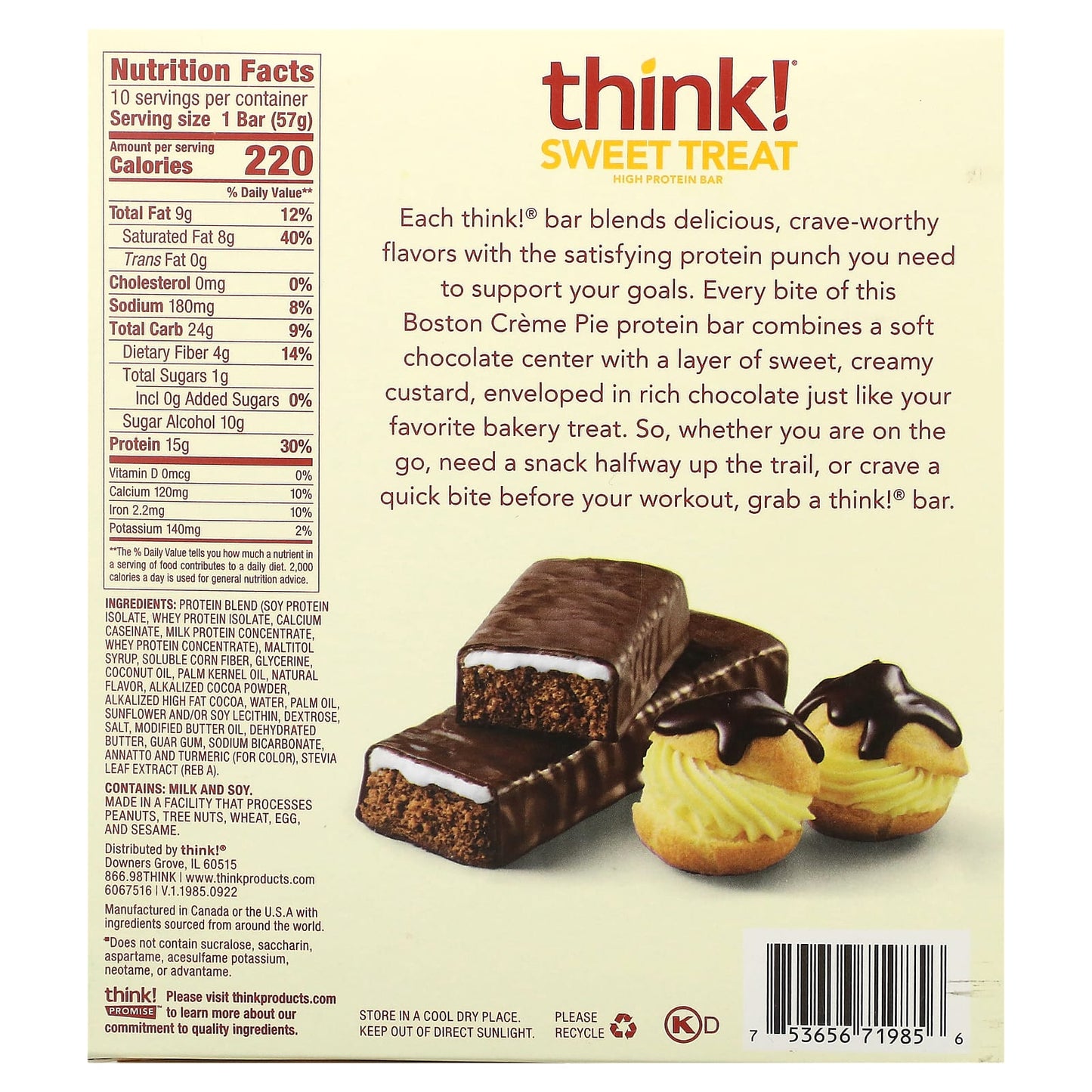 Think !, Sweet Treat, High Protein Bar, Boston Creme Pie, 10 Bars, 2.1 oz (57 g) - Image 2