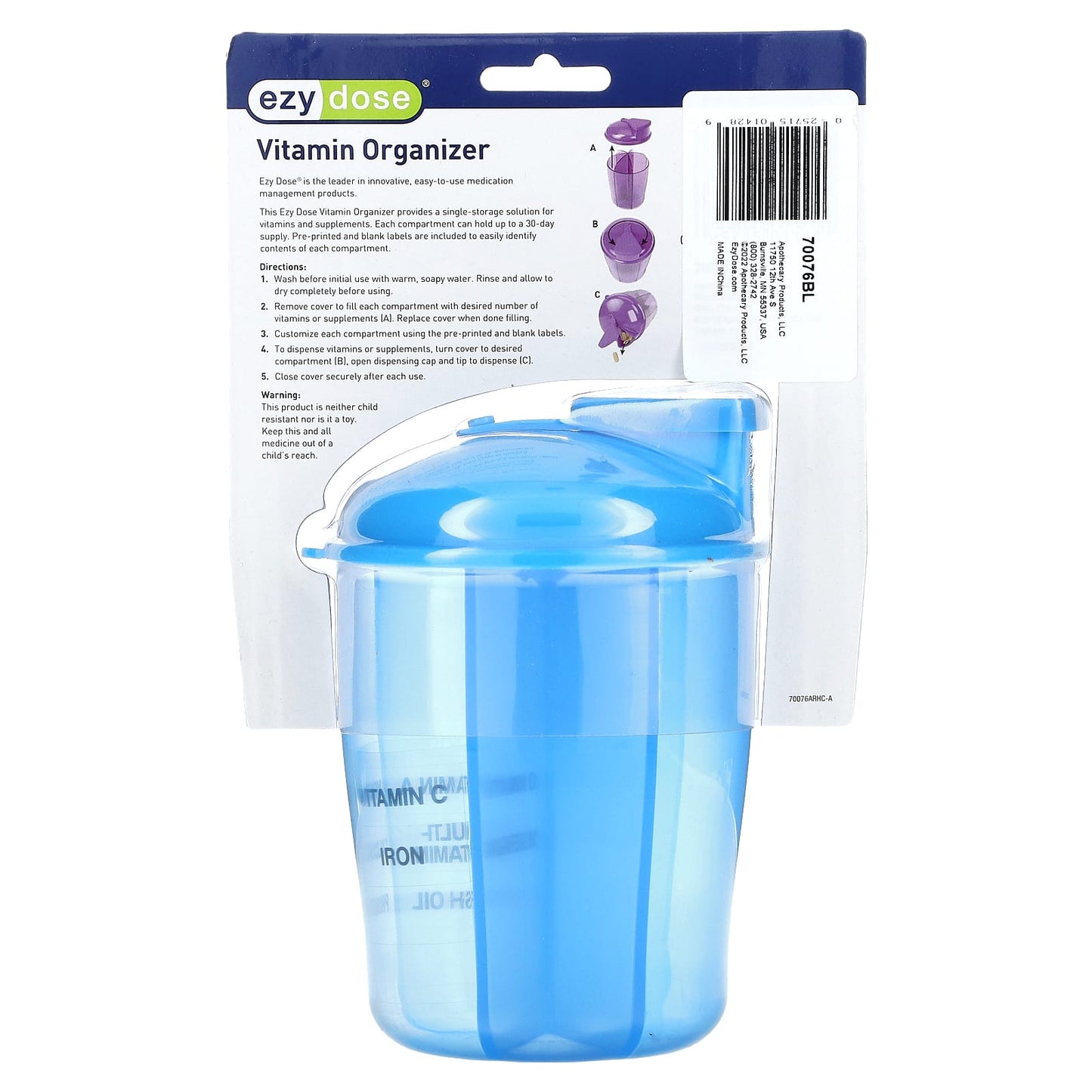 Blue Vitamin Organizer Ezy Dose with Labels, 6-Compartment Storage - Image 2