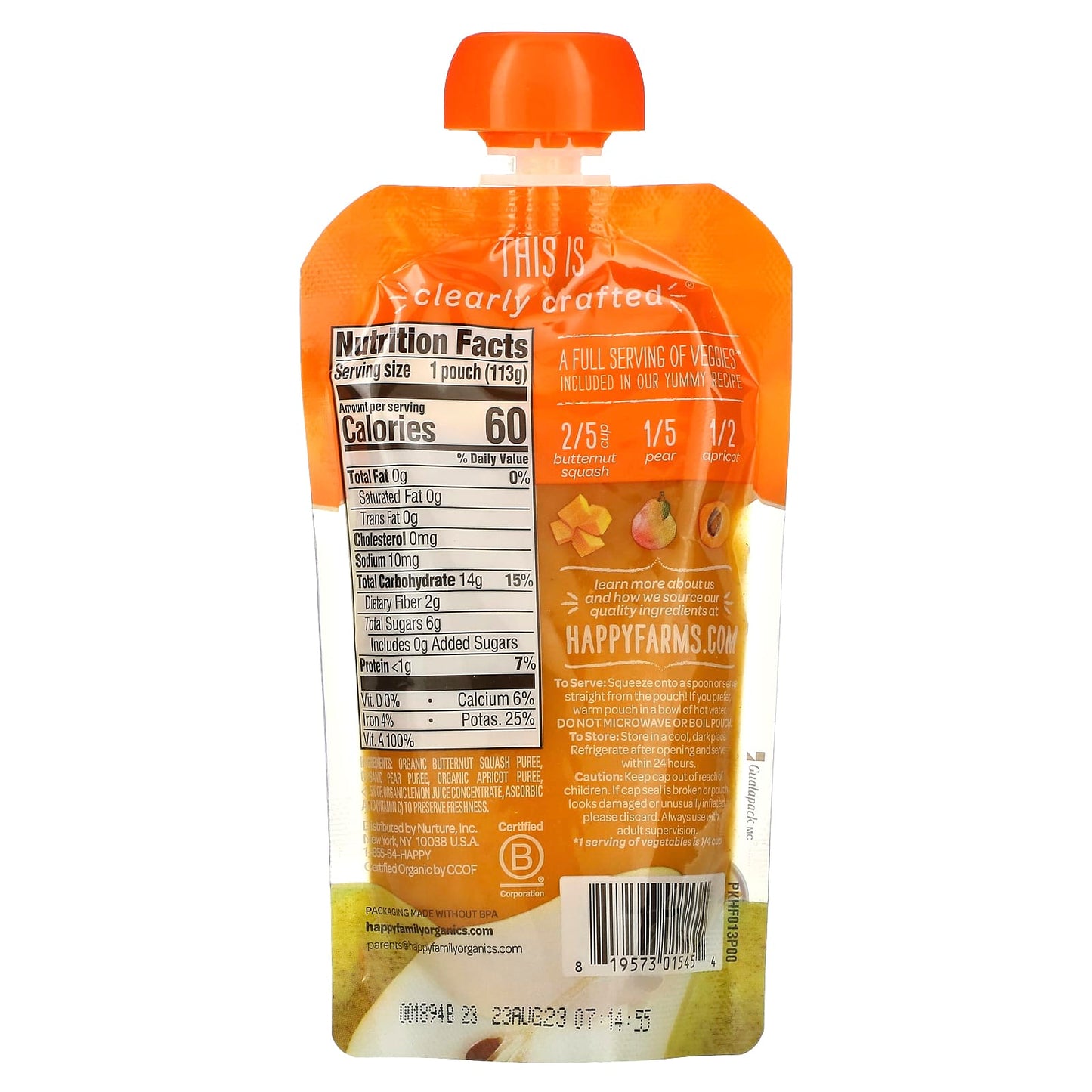 Happy Family Organics, Happy Baby, Organic Baby Food, 6 + Months, Squash, Pears & Apricots, 4 oz (113 g)