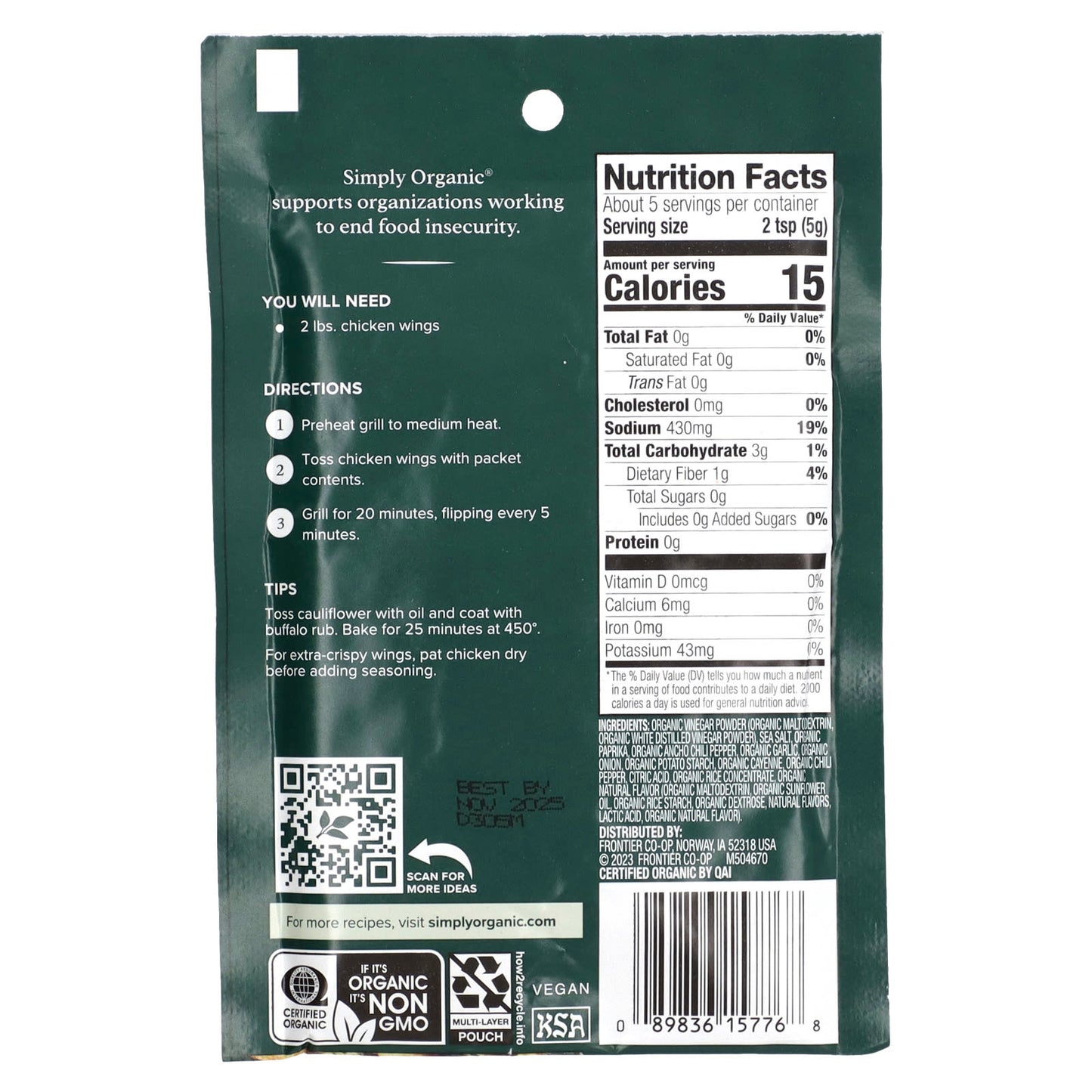 Simply Organic, Buffalo Dry Rub Mix, 3 Packets, 0.95 oz (27 g) Each - Image 2