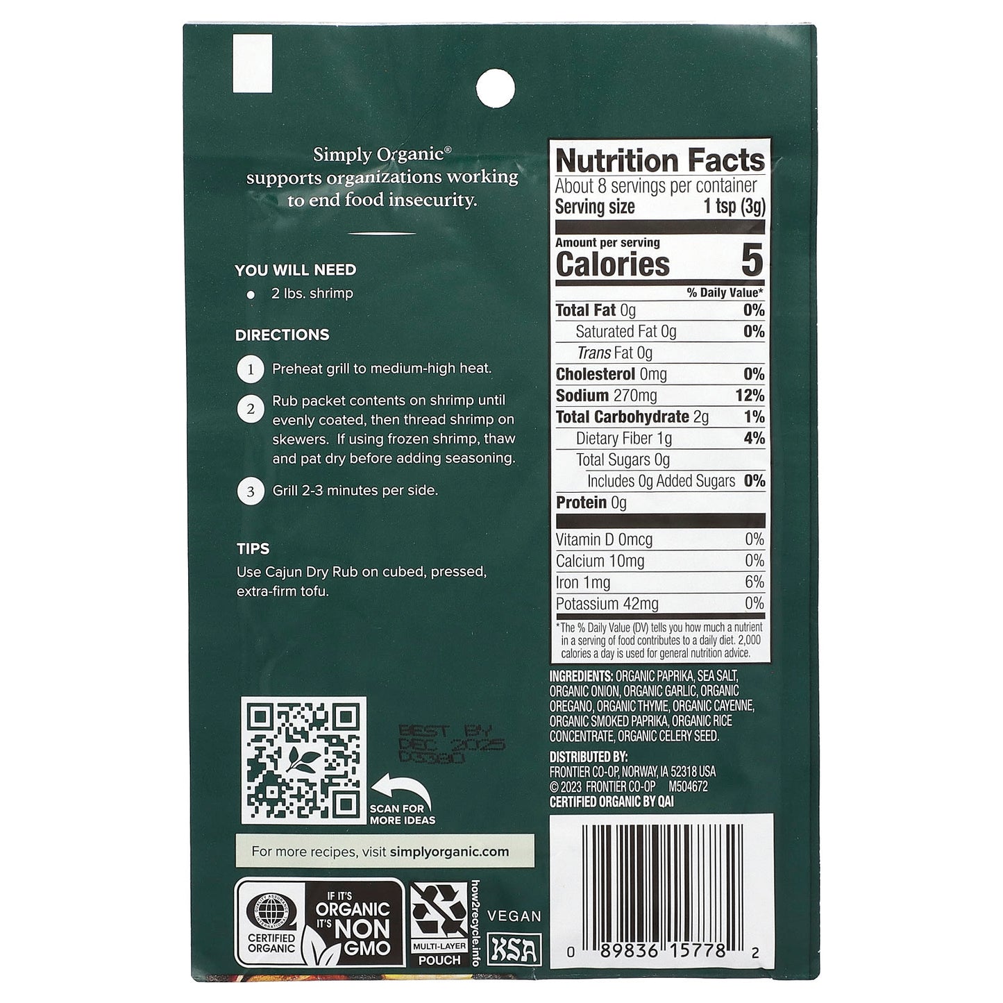 Simply Organic, Cajun Dry Rub, 3 Packets, 0.88 oz (25 g) Each - Image 2